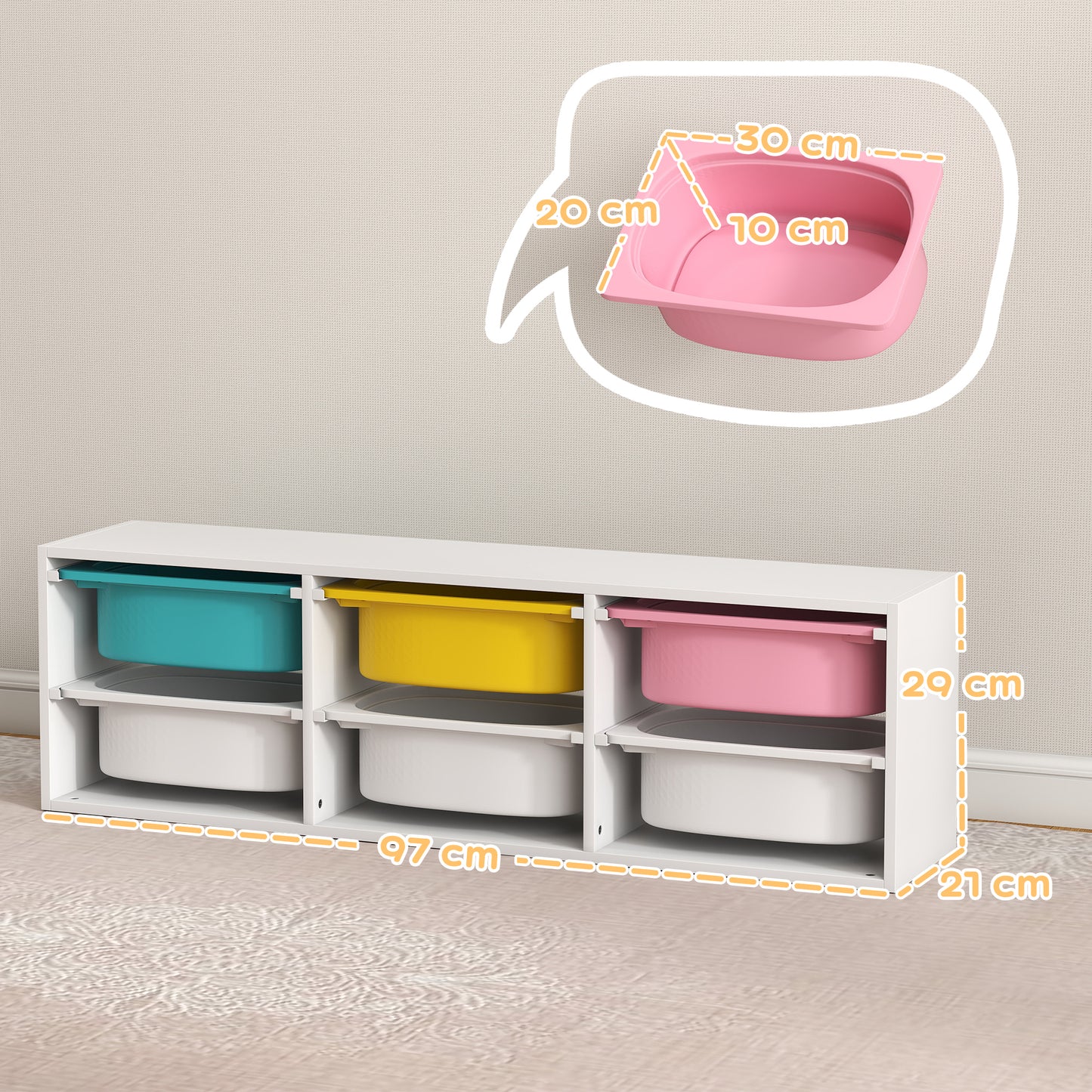 AIYAPLAY Low Height 2 Tiers Storage Organiser, Kids Toy Storage Unit with 6 Removable Bins for Bedroom, Nursery, Playroom