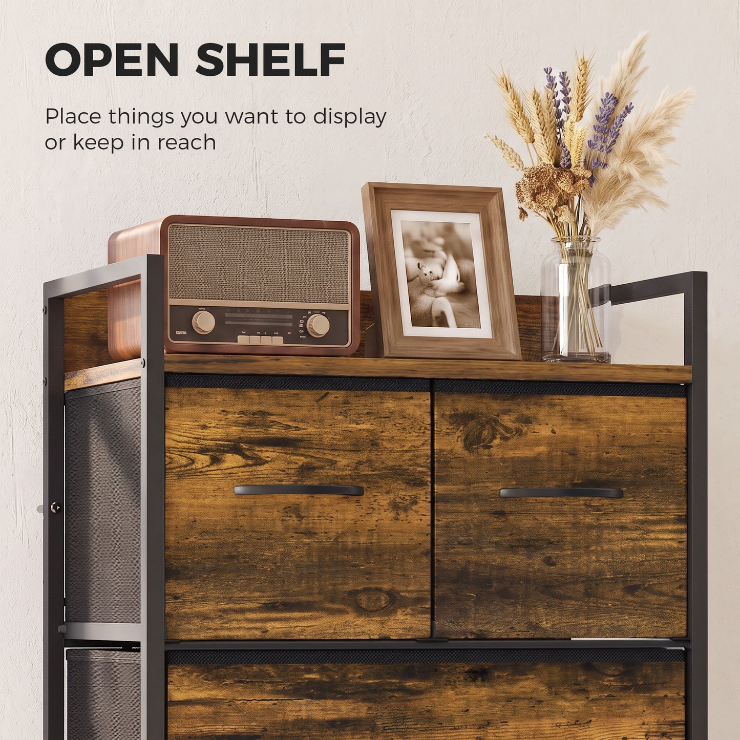 HOMCOM Rustic Chest of Four Fabric Drawers - Rustic Brown
