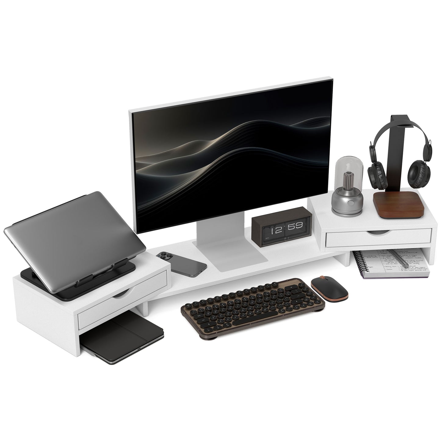 HOMCOM Dual Monitor Stand Riser with 2 Drawers, White