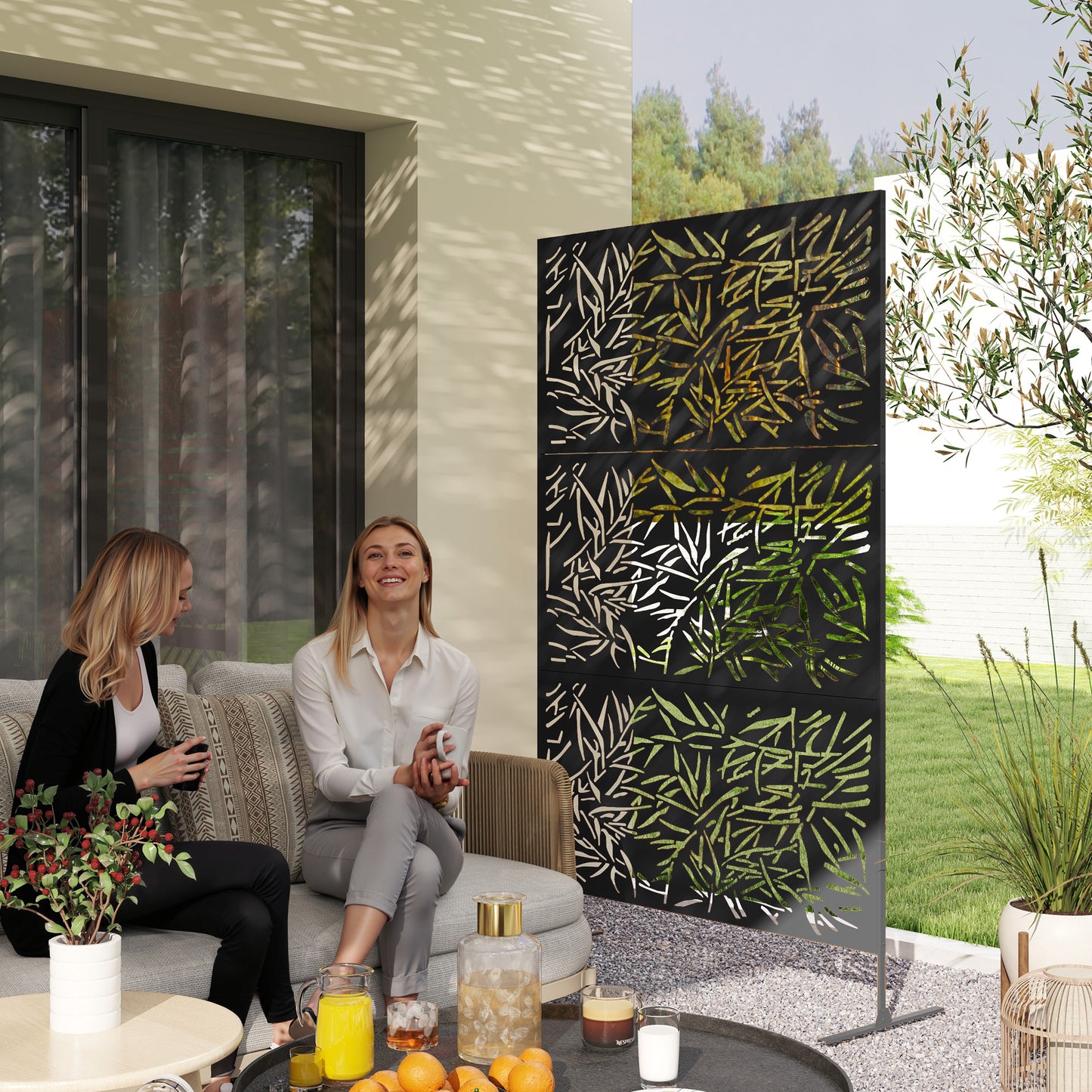 Outsunny Garden Privacy Screen with Stand, 6.5FT Metal Outdoor Divider, Privacy Panel with Expansion Screws, Bamboo Style, Black