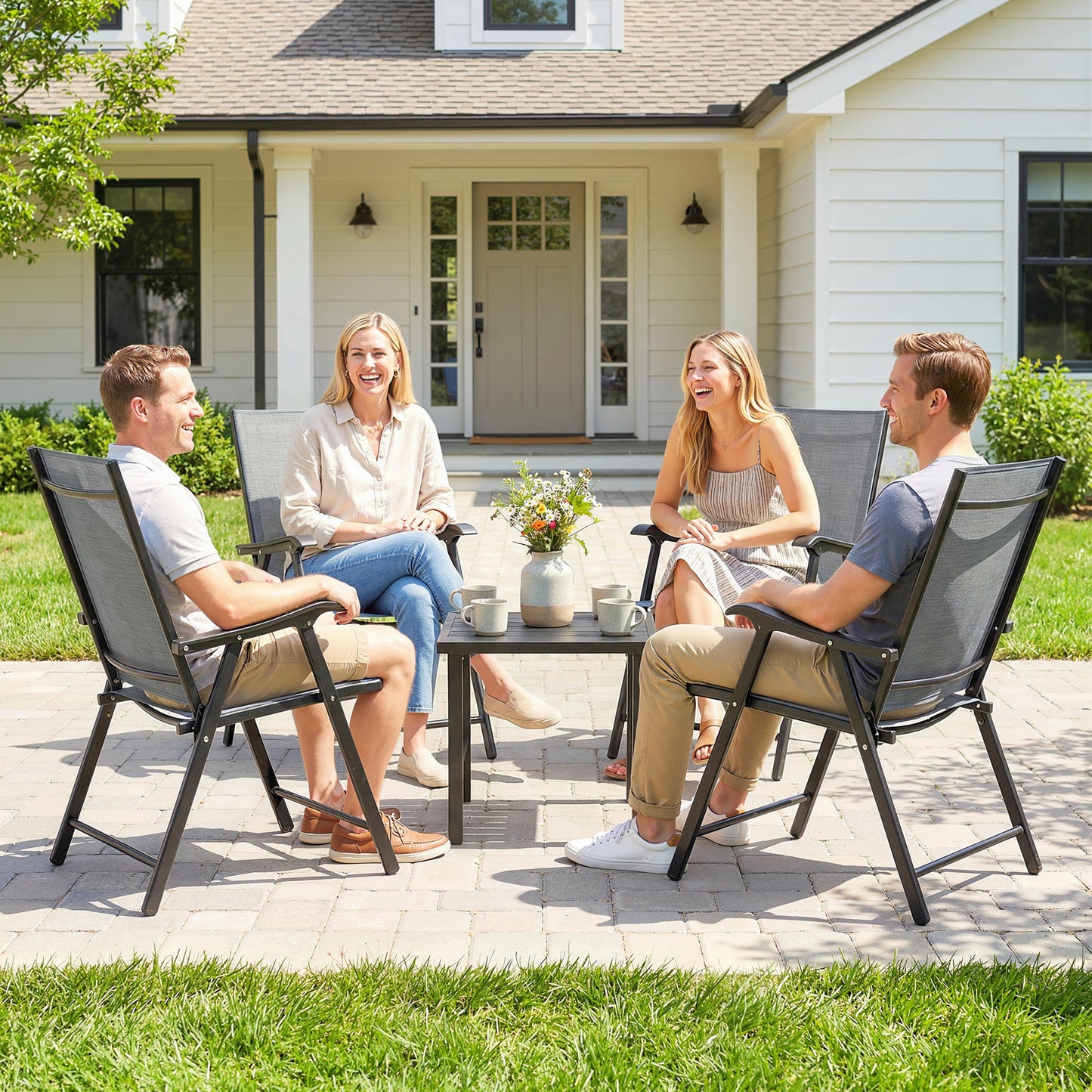 Outsunny Folding Garden Chairs Set of 4, Foldable Garden Dining Chairs with High Back, Armrests, Texteline Seat, Light Grey