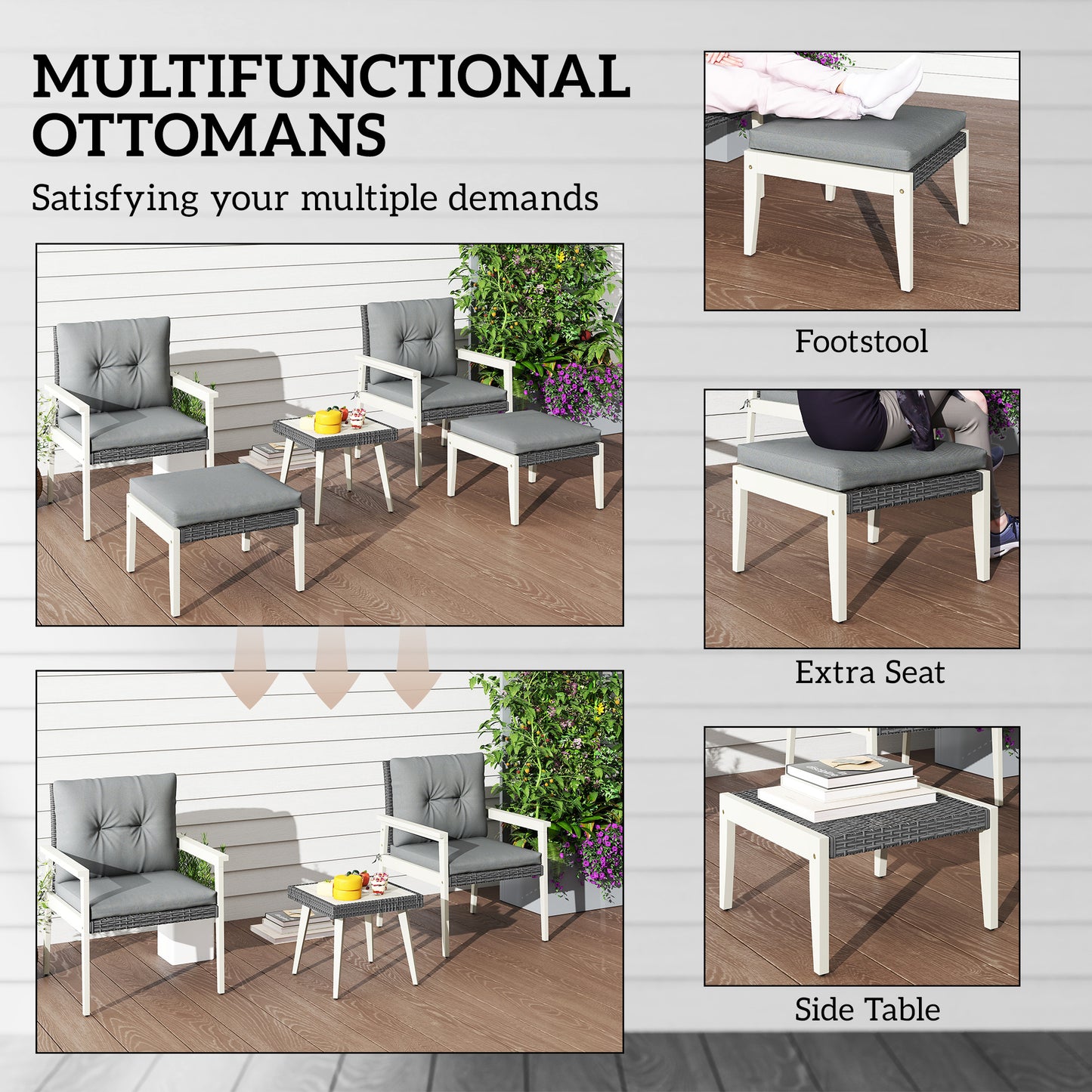 Outsunny 5-Piece Rattan Garden Furniture Set, Patio Conversation Set with Cushions, Wood Coffee Table & Footstools, Outdoor, Grey