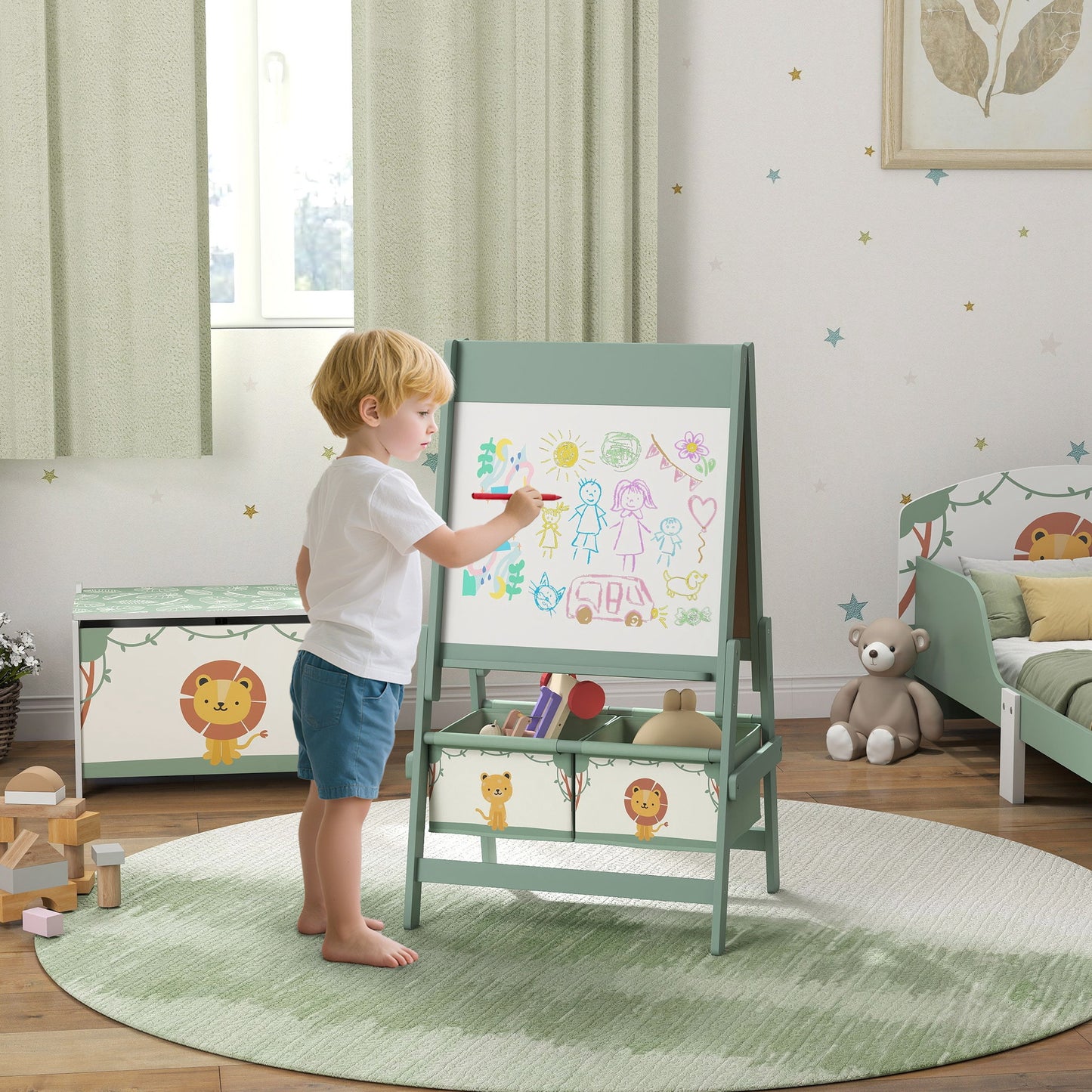 AIYAPLAY Art Easel for Kids, Double-Sided Whiteboard/Blackboard with Paper Roll, Two Storage Boxes, for Ages 3-8 Years, Green