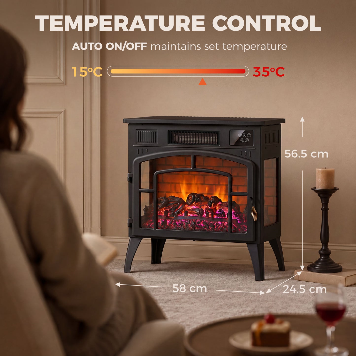 HOMCOM Smart Electric Fireplace Stove Log Burner, 3-Sided Glass WiFi Electric Fire Heater w/ 5-Colour Flame, Black