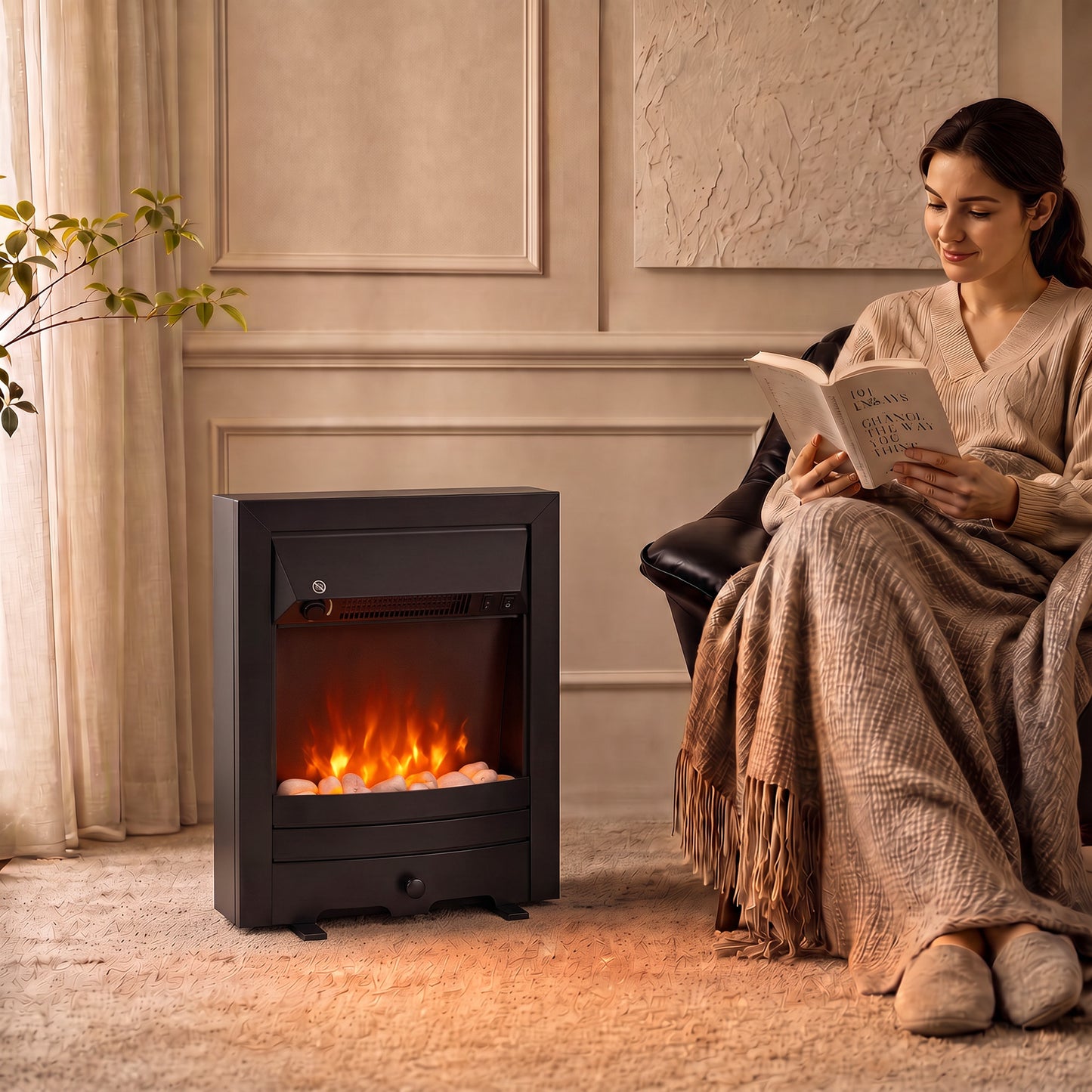 HOMCOM Electric Fireplace Stove Freestanding/Inset, 2000W, Electric Fire with LED Flame, Pebbles, Adjustable Thermostat, Black