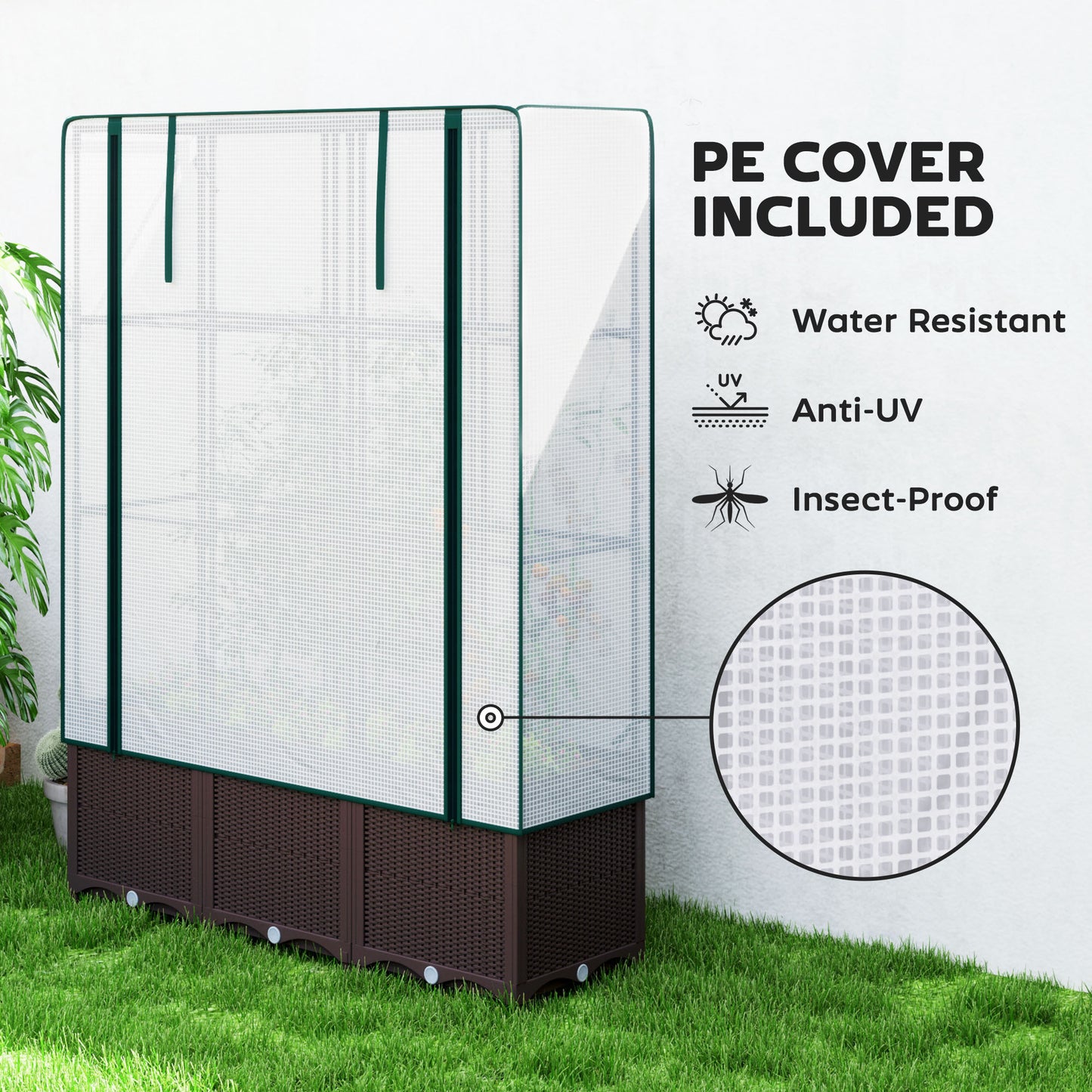 Outsunny Raised Garden Bed with Trellis, Plastic Planter Box with Drainage for Plants, 120 x 40 x 140 cm