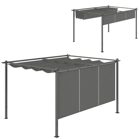 Outsunny 3x4m Metal Pergola with Retractable Roof, Wall-Mounted/Free Standing Gazebo Canopy Kit, UPF30+ Outdoor Sun Shade Shelter, Grey