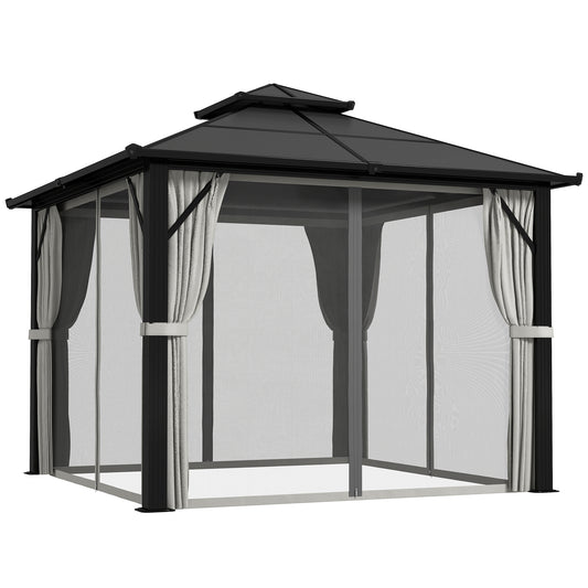 Outsunny 3x3m Hardtop Gazebo, UPF30+ Polycarbonate Roof, Aluminium Frame, Mosquito Netting & Curtains, Grey