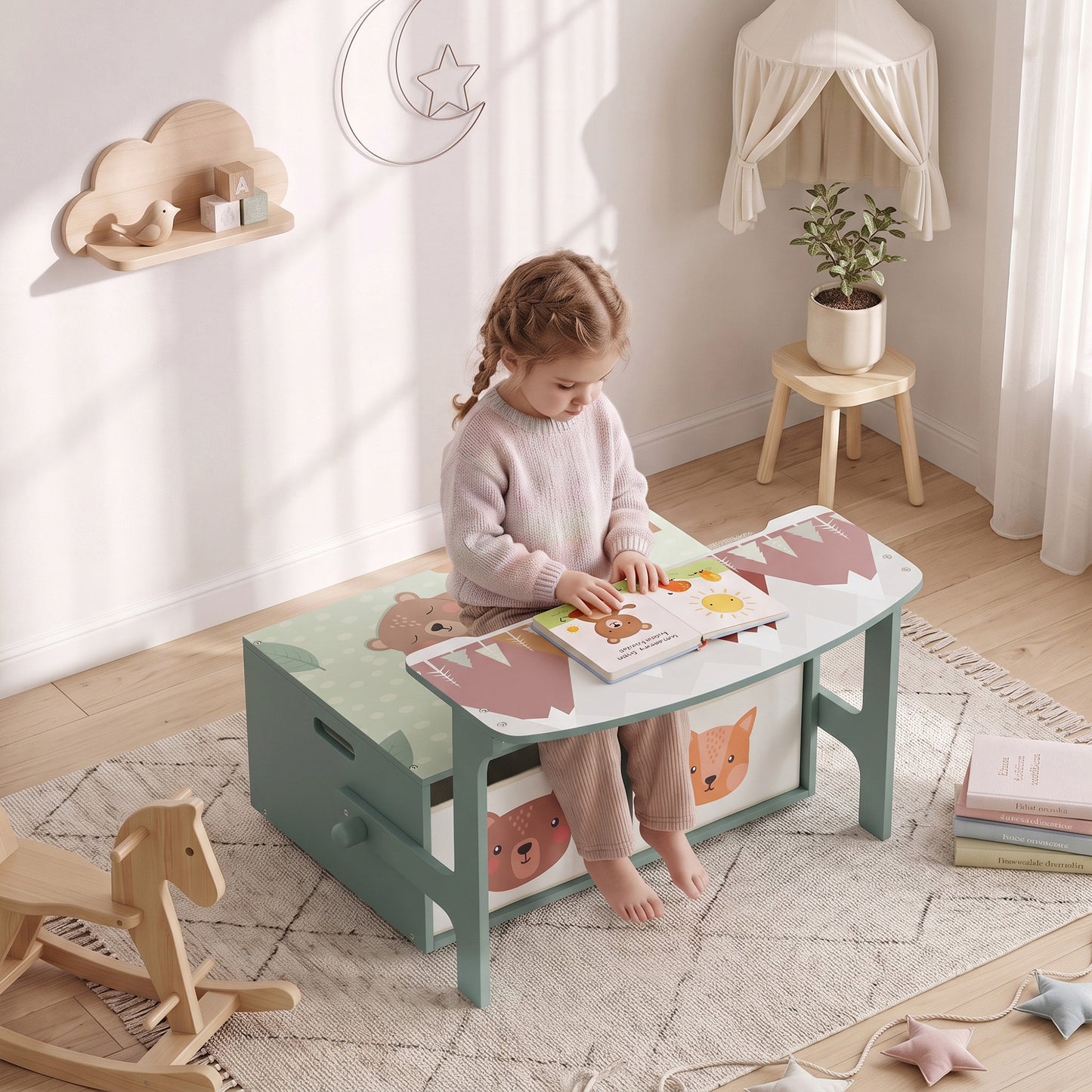 AIYAPLAY Kids Table and Chair Set, 3 in 1 Wooden Toy Box with 2 Fabric Drawers for Bedroom, Playroom, Gift for Boys Girls, Green