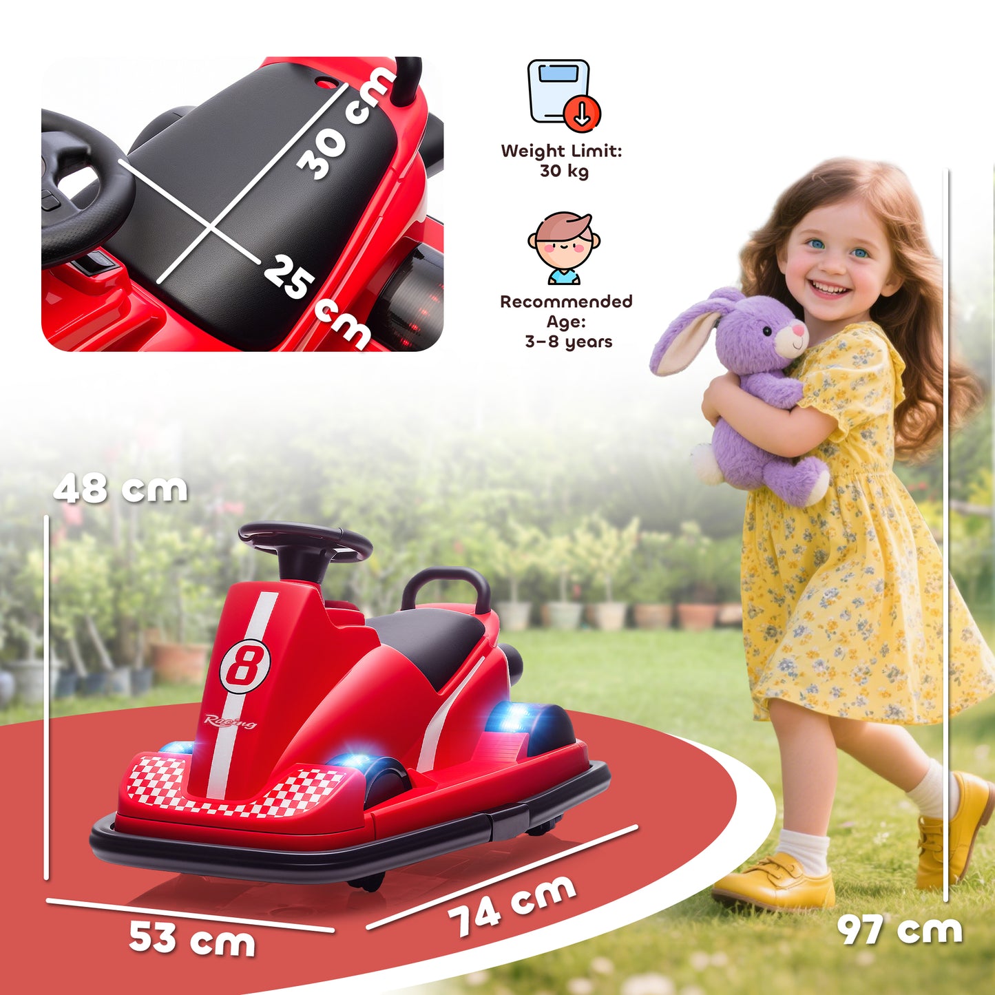 AIYAPLAY Kids Bumper Car, 360° Rotation Spin Electric Walzer Car with LED Lights, Music for Ages 3-8 Years Old, Red