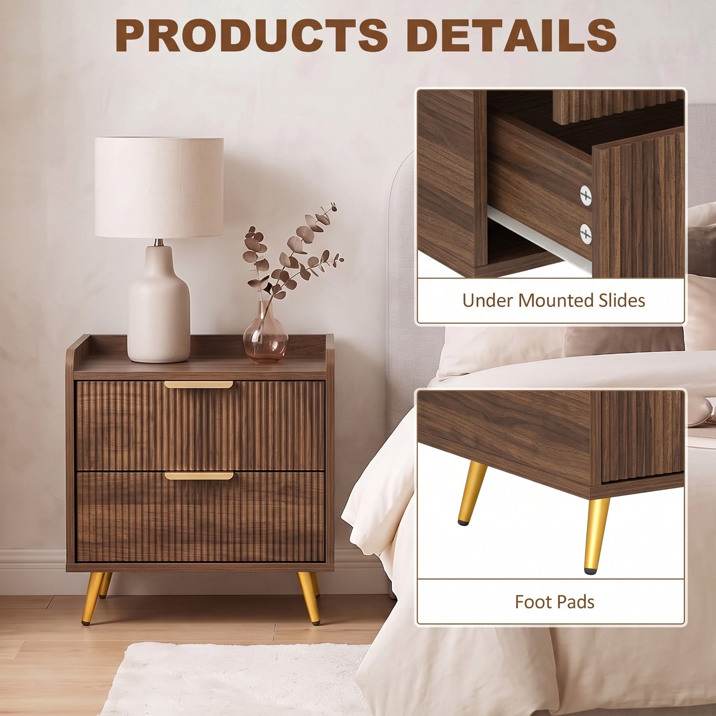 HOMCOM Elegant Two-Drawer Bedside Table - Walnut Brown