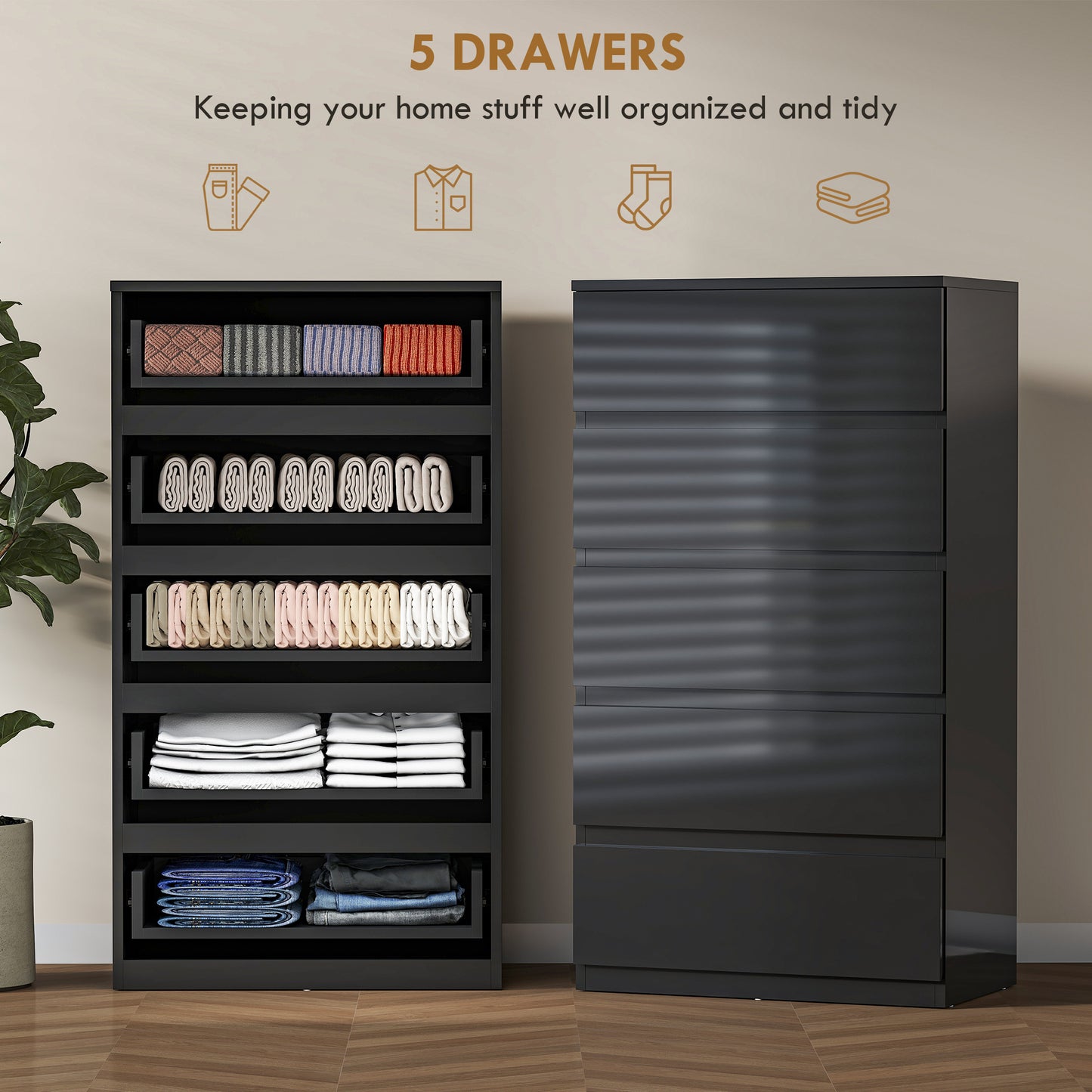 HOMCOM Chest of Drawers, 5-Drawer Storage Cabinets, Modern Dresser for Bedroom