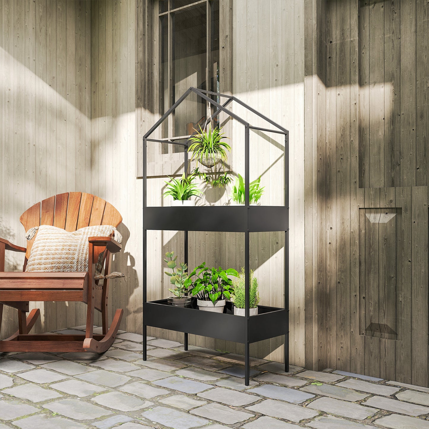 Outsunny 2 Tier Plant Stand, Outdoor Indoor Metal Plant Stand with Hook, House-Shaped Pots Holder Display Rack, Black