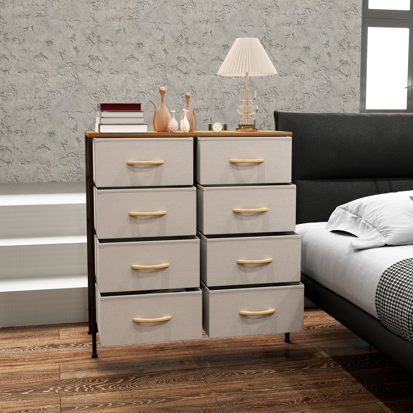 HOMCOM Fabric Chest of Drawers, Industrial Dresser with 8 Fabric Drawers, Steel Frame & Wooden Top for Nursery, Living Room, Hallway, Cream White.