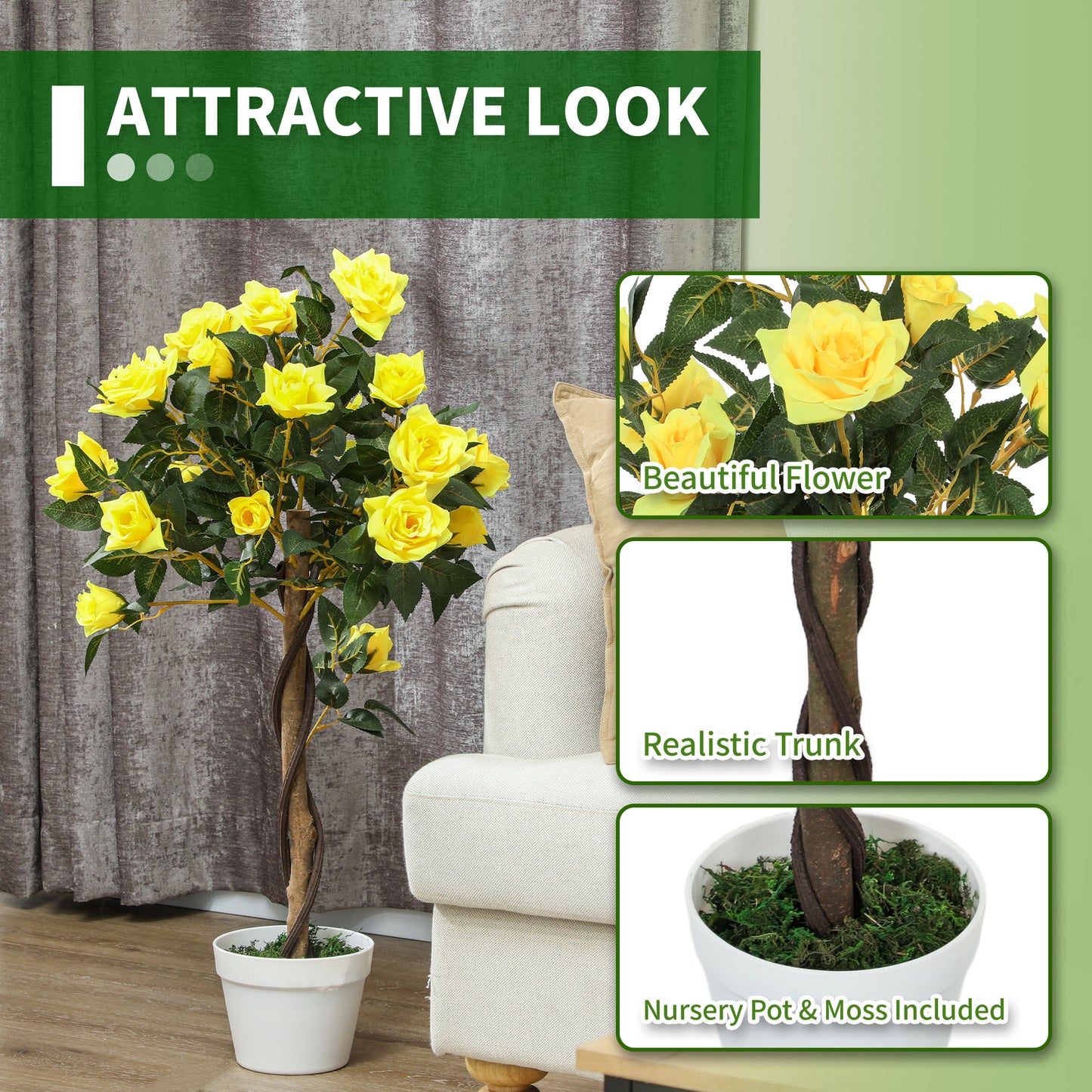Outsunny Set of 2 Artificial Plants White Rose Floral in Pot, Fake Plants for Home Indoor Outdoor Decor, 90cm, Yellow