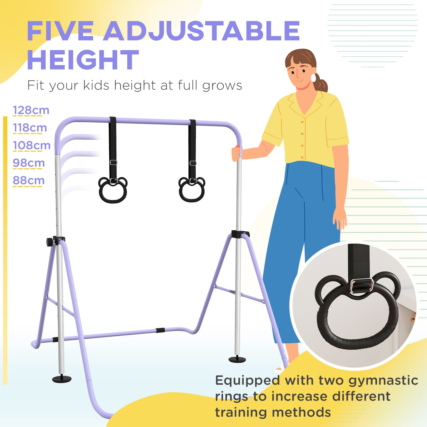 HOMCOM Adjustable Height, Foldable Kids Gymnastics Bar w/ Non-Slip Mats, for 3+ Years, Purple
