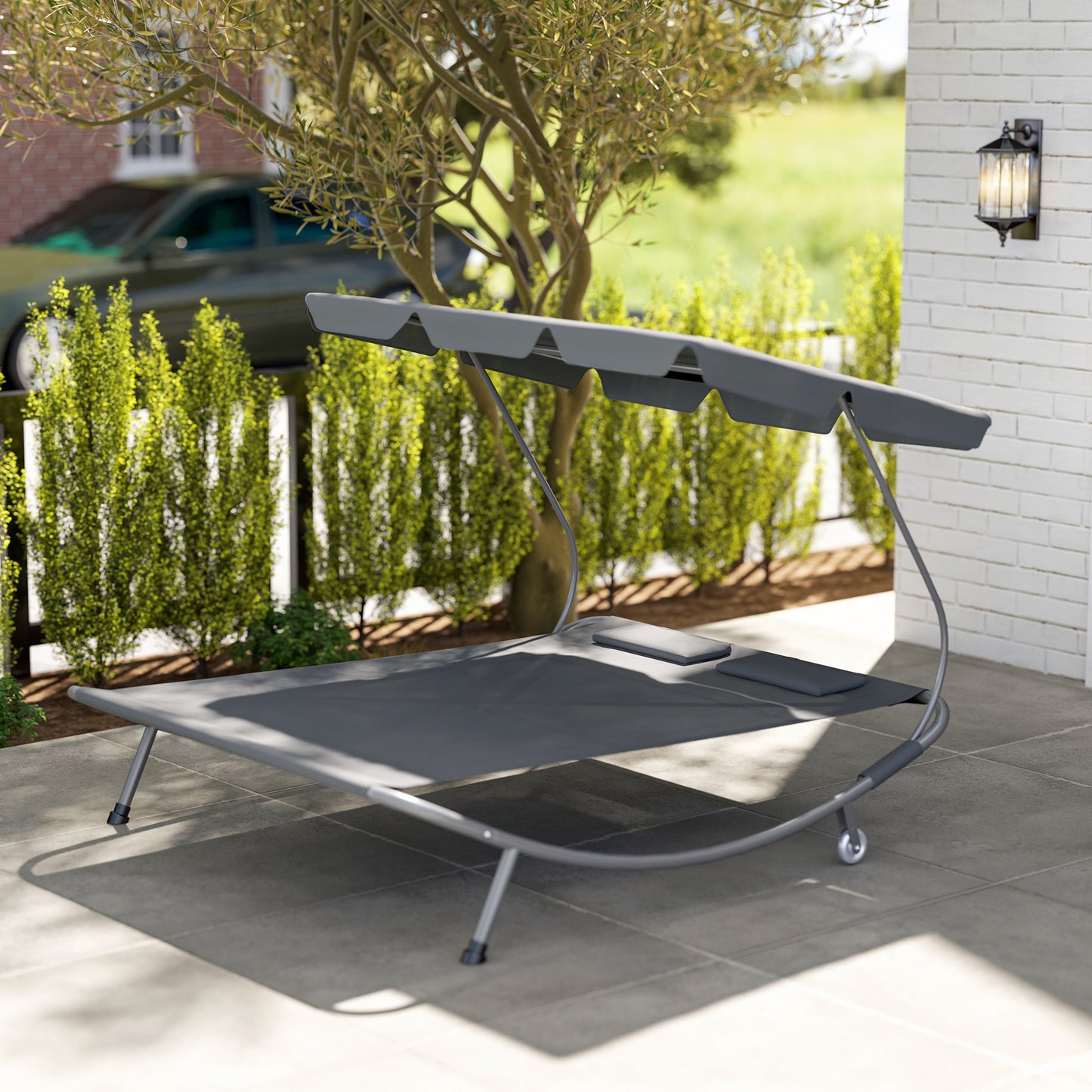 Outsunny Double Hammock Sun Lounger Bed with Canopy Shelter, Wheels & 2 Pillows, Light Grey