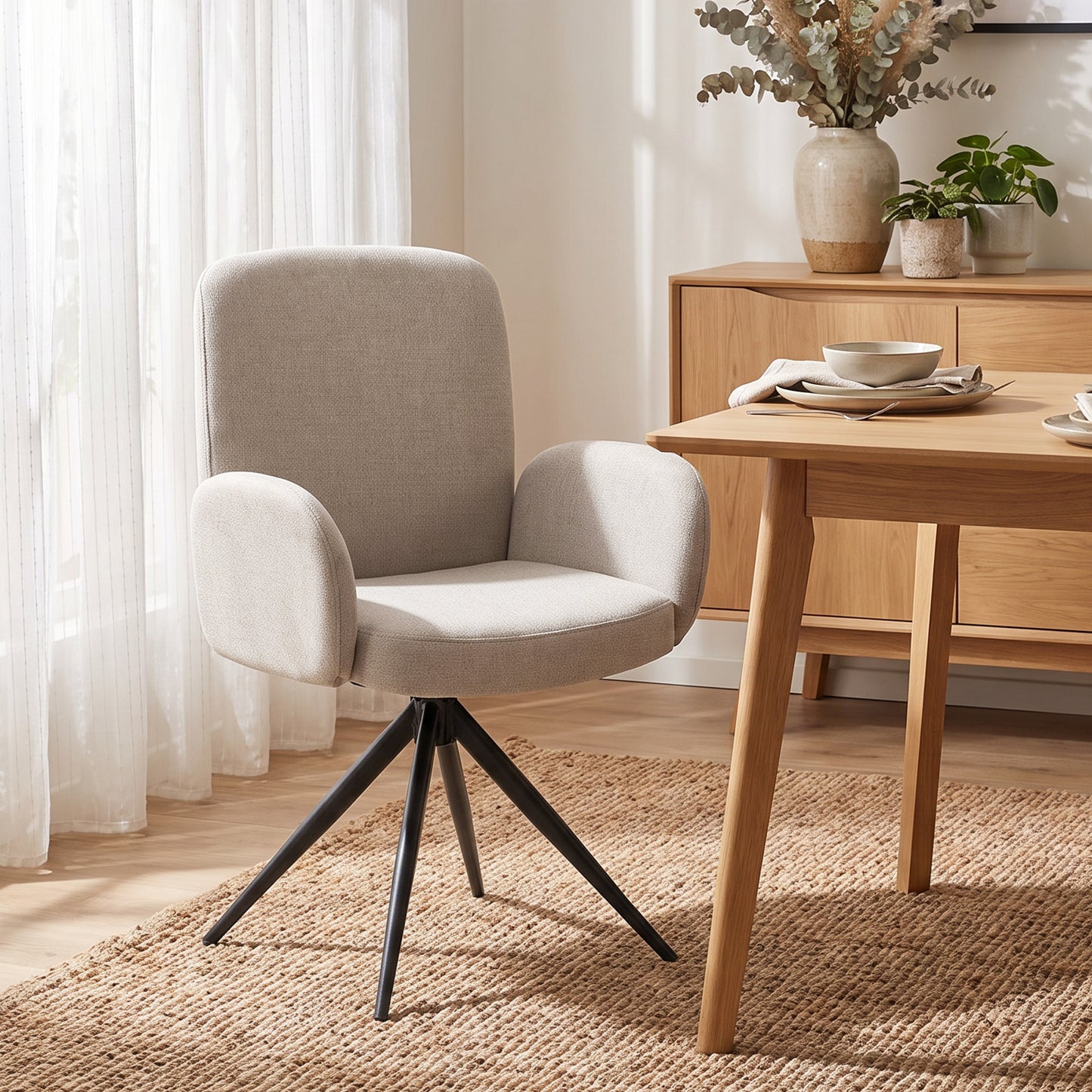 HOMCOM Swivel Accent Chair, Upholstered Linen-Look Armchair with Curved Backrest, Wrapped Armrests for Living Room, Light Brown