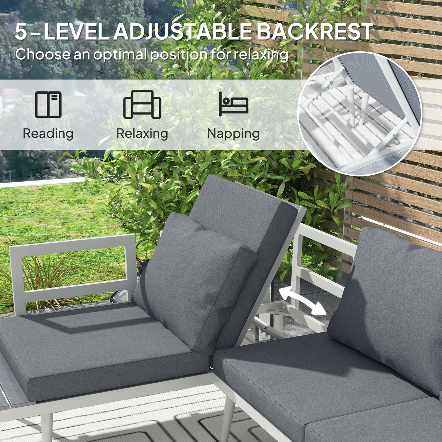 Outsunny 3 Piece Garden Furniture Set, Adjustable Lounger, L Shaped Corner Sofa with Cushions, Mesh Seat, Wood-Grain Table, Grey