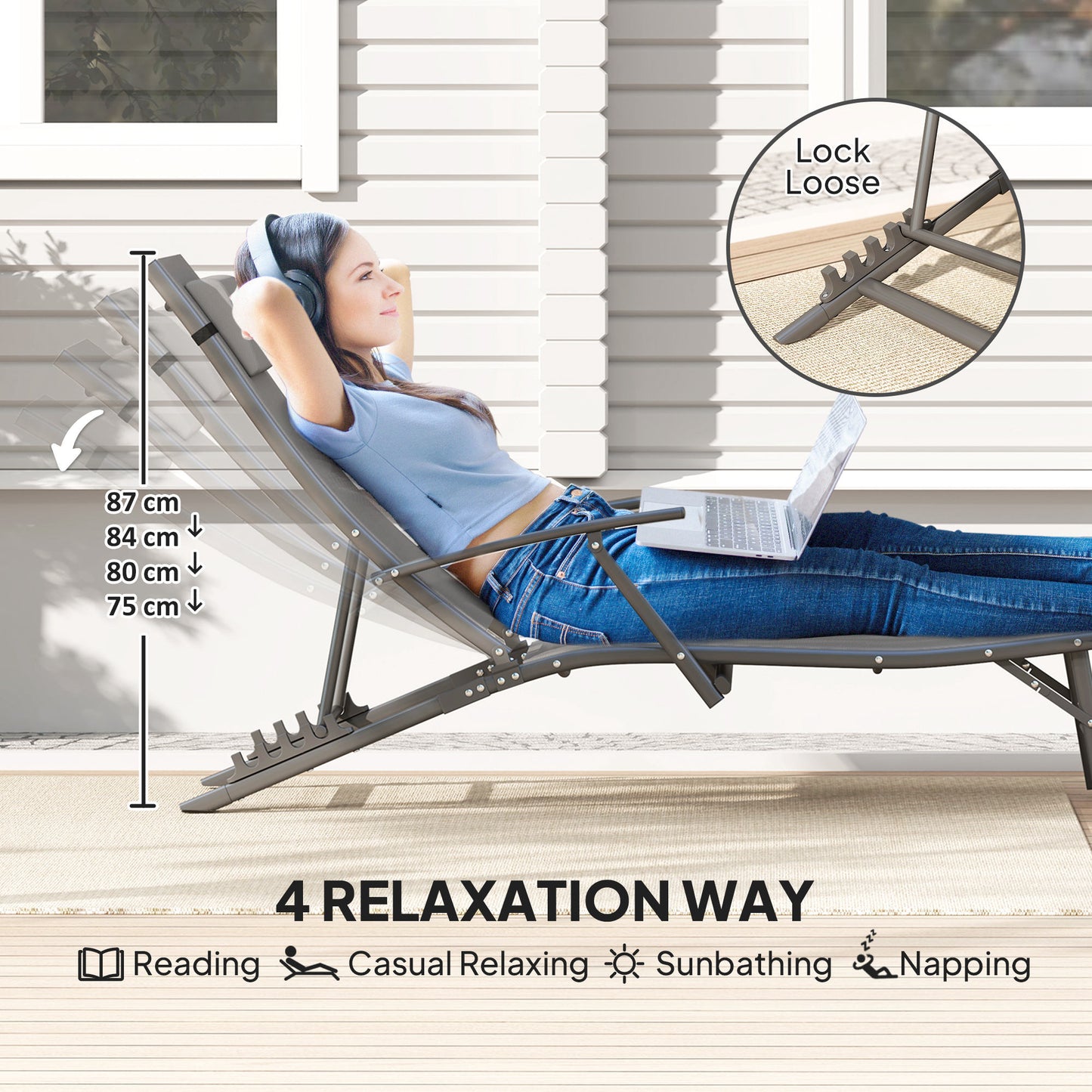 Outsunny Set of 2 Folding Sun Loungers, 4-Position Adjustable Outdoor Chairs with Armrests, Pillows, Grey