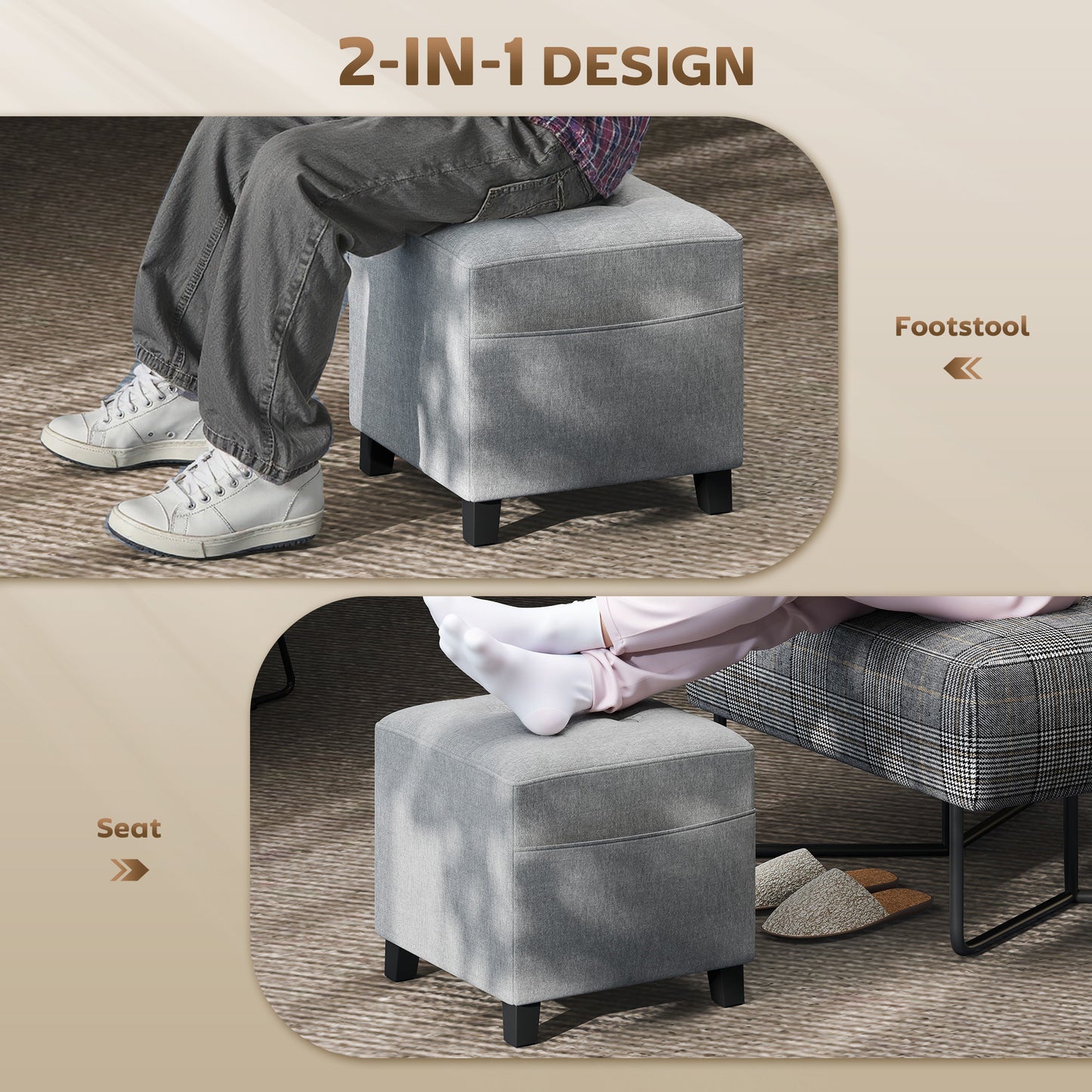 HOMCOM Square Footstool, Small Ottoman with Side Pocket, Linen Fabric, Rubber Wood Legs, Padded Seat, 35x35x35cm, Light Grey