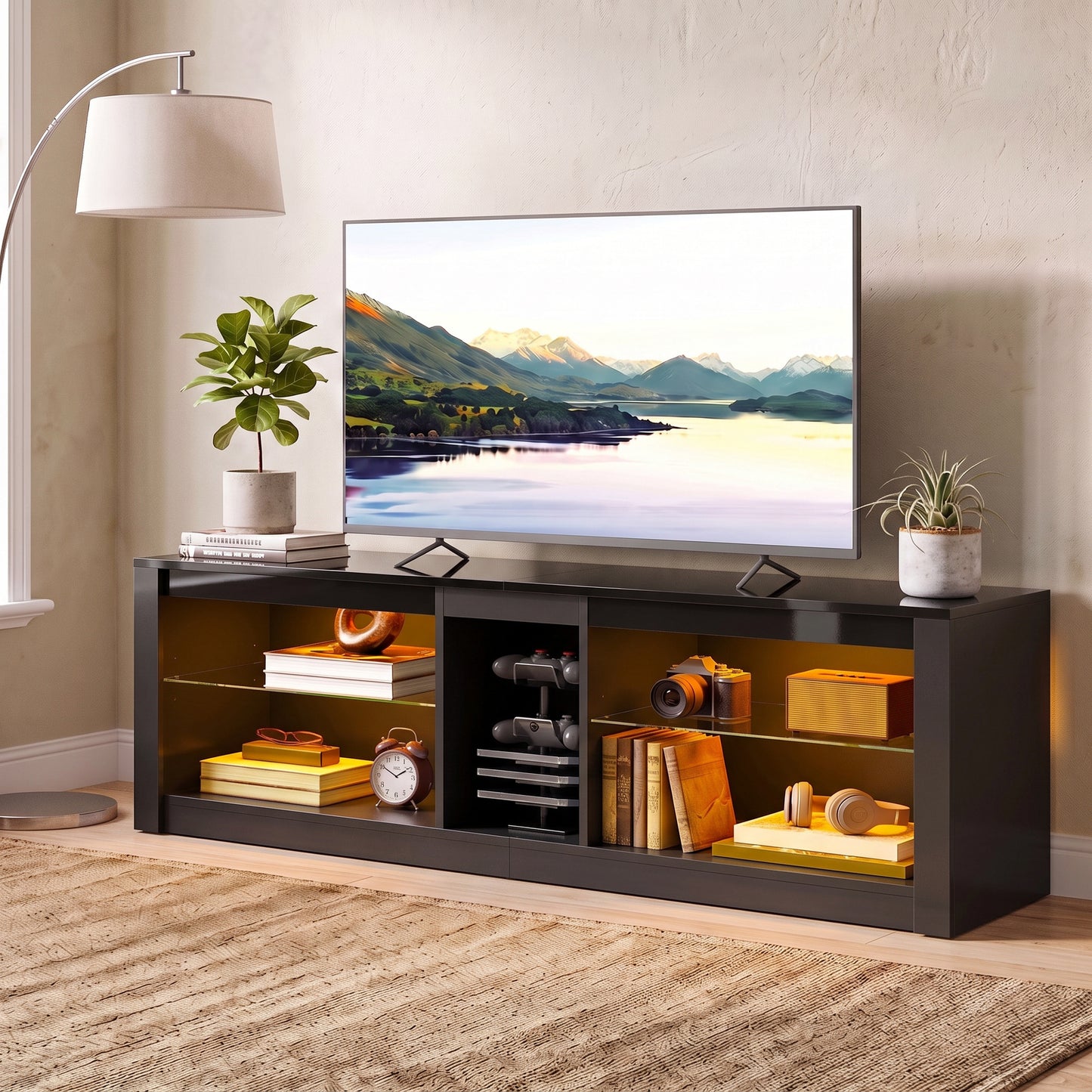 HOMCOM TV Stand Cabinet with LED Lights and Remote Control for TVs up to 65", Entertainment Centre with Storage Shelves, Black