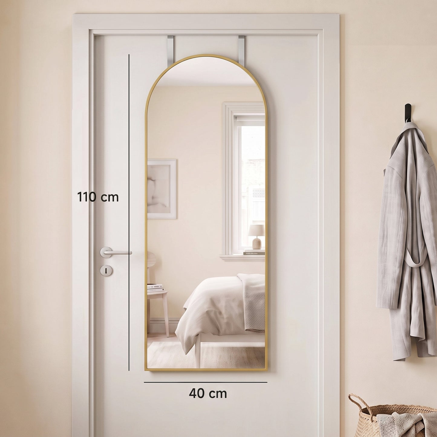 HOMCOM 40 x 110 cm Full Length Hanging Mirror, Arched Mirror with Adjustable Hooks, Over-the-Door or Wall-Mounted, Gold Tone