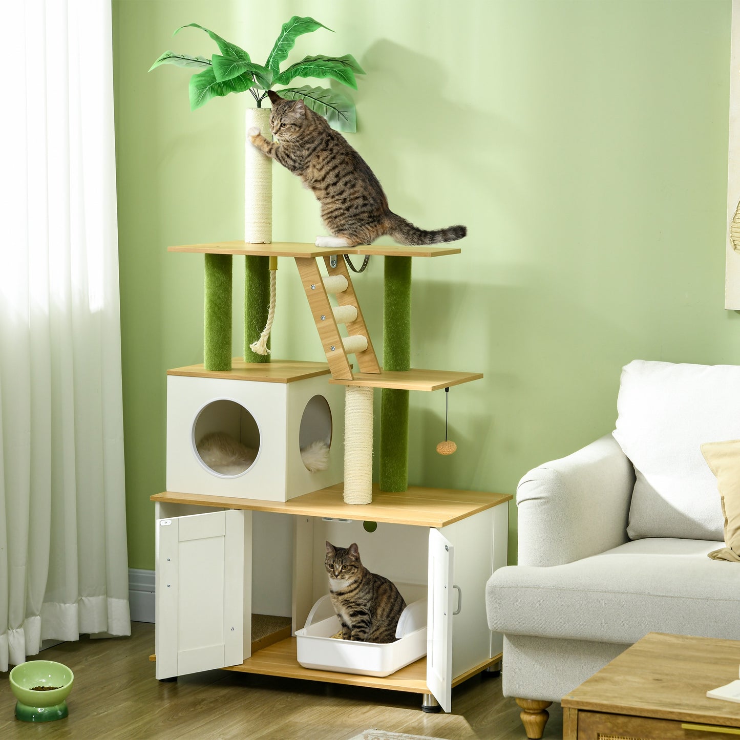 PawHut Cat Tree with Hidden Litter Box Enclosure, 2 in 1 Green Leaf Cat Tower Litter Box Furniture with House, Ladder, Scratching Posts and Platforms, for Indoor Use, Oak