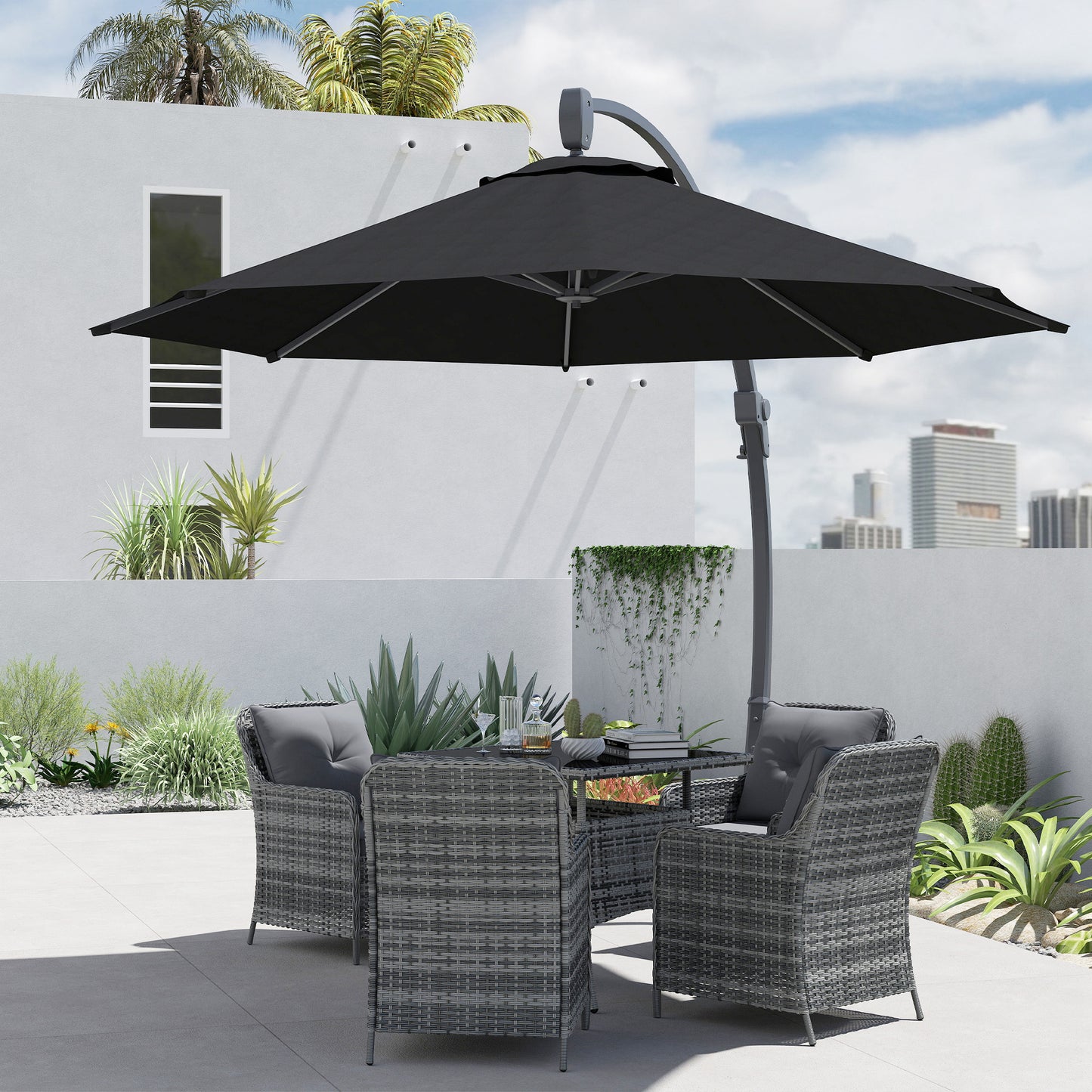 Outsunny 3m Garden Cantilever Parasol, Round Umbrella with Crank, Cross Base, Aluminum Frame, 360° Rotation, Patio Sun Shade, Black