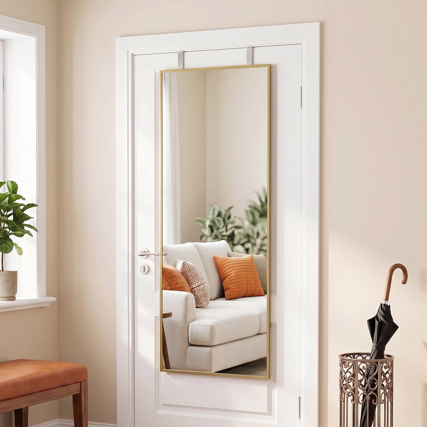 HOMCOM 40 x 110 cm Full Length Wall Mirror, Rectangular Mirror with Adjustable Hooks, Over the Door or Wall Mounted, Gold Tone