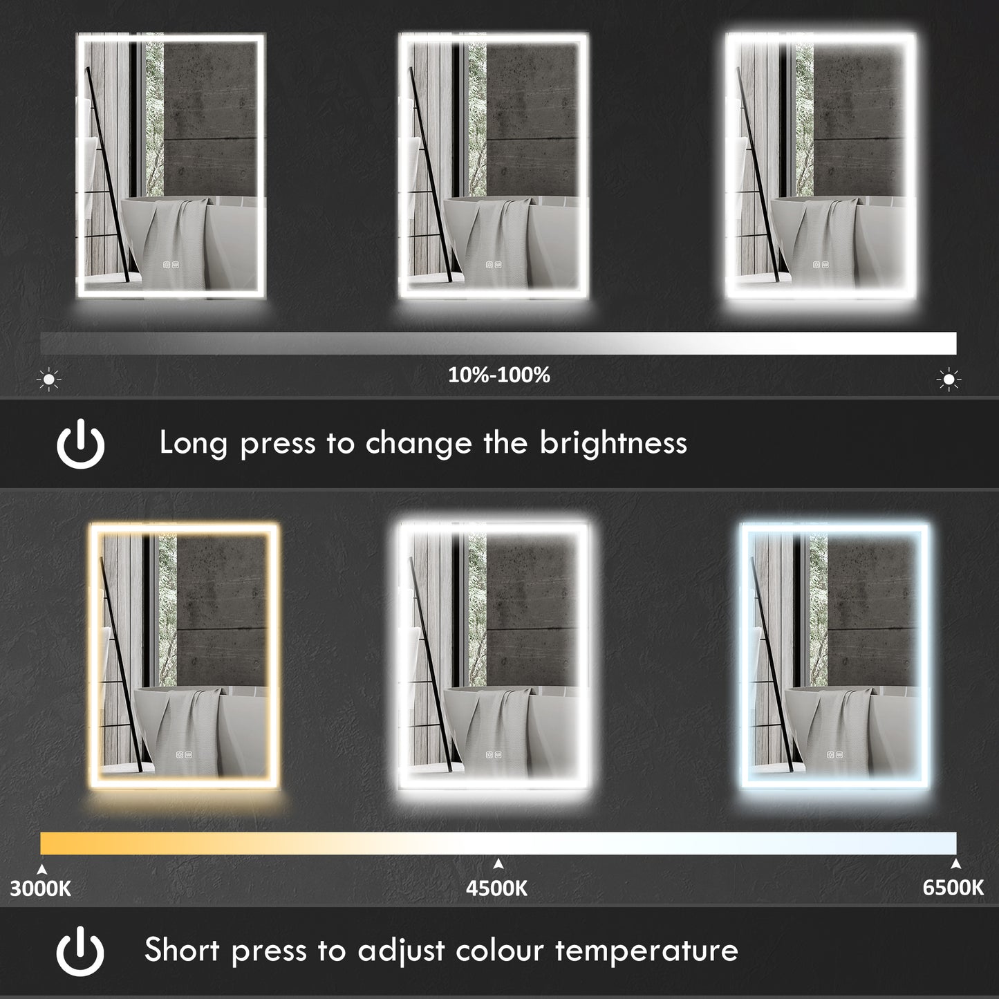 HOMCOM Black LED Bathroom Mirror Cabinet, 500x700 mm, Demister Pad, Dimmer, 3 Colours, Shaver Socket