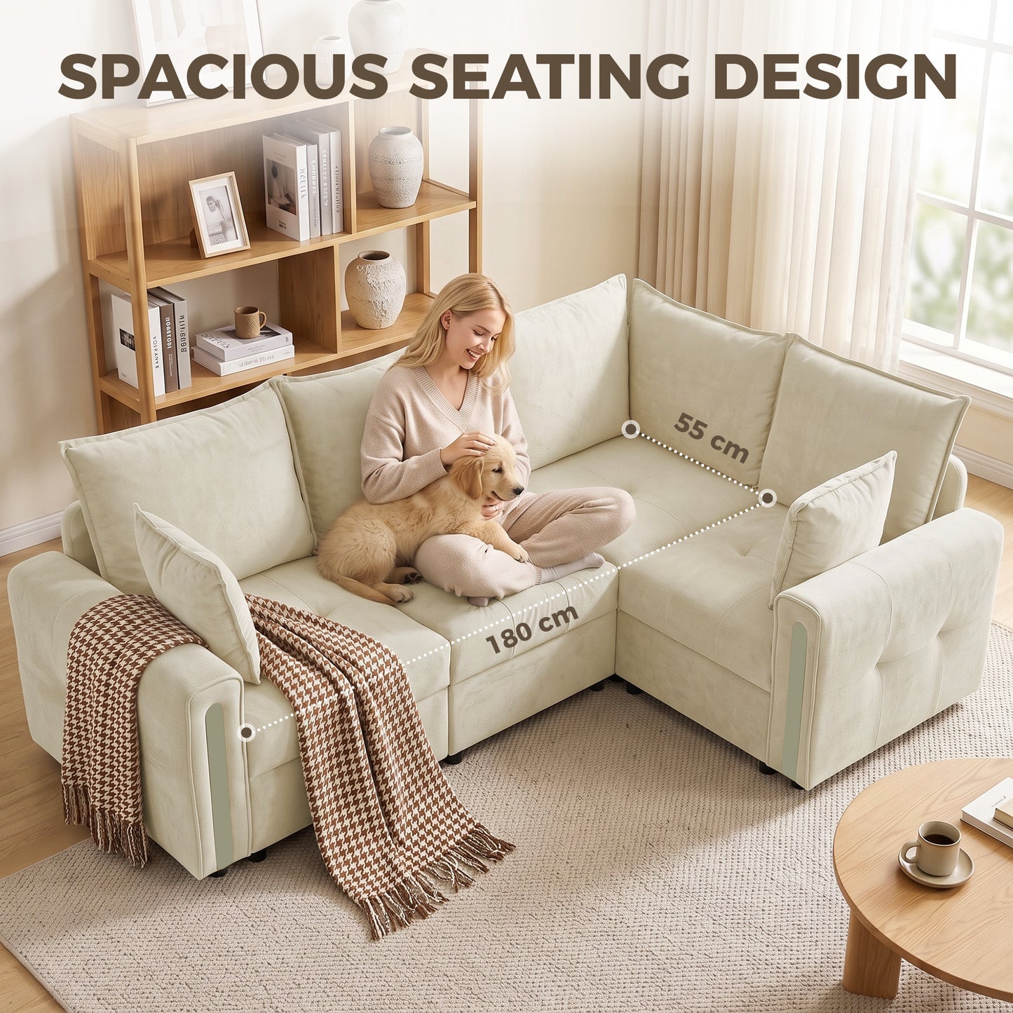 HOMCOM 228cm L Shaped Sofa with Lift-Up Storage, 3-Seater Sectional Sofa with Wide Deep Seat, Beige