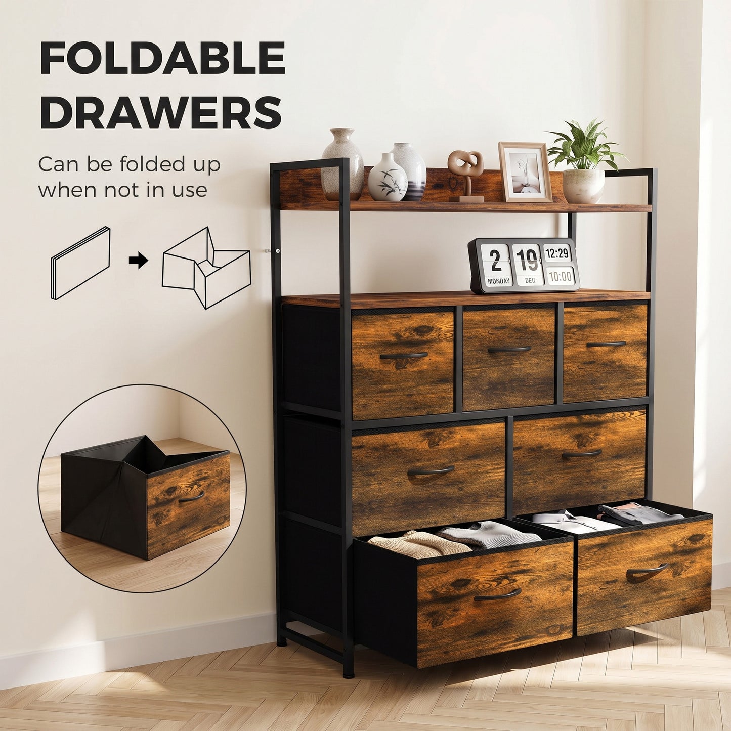 HOMCOM Chest of Drawers, Bedroom Fabric Dresser with 7 Drawers, Storage Organiser Unit with Open Shelves, Rustic Brown