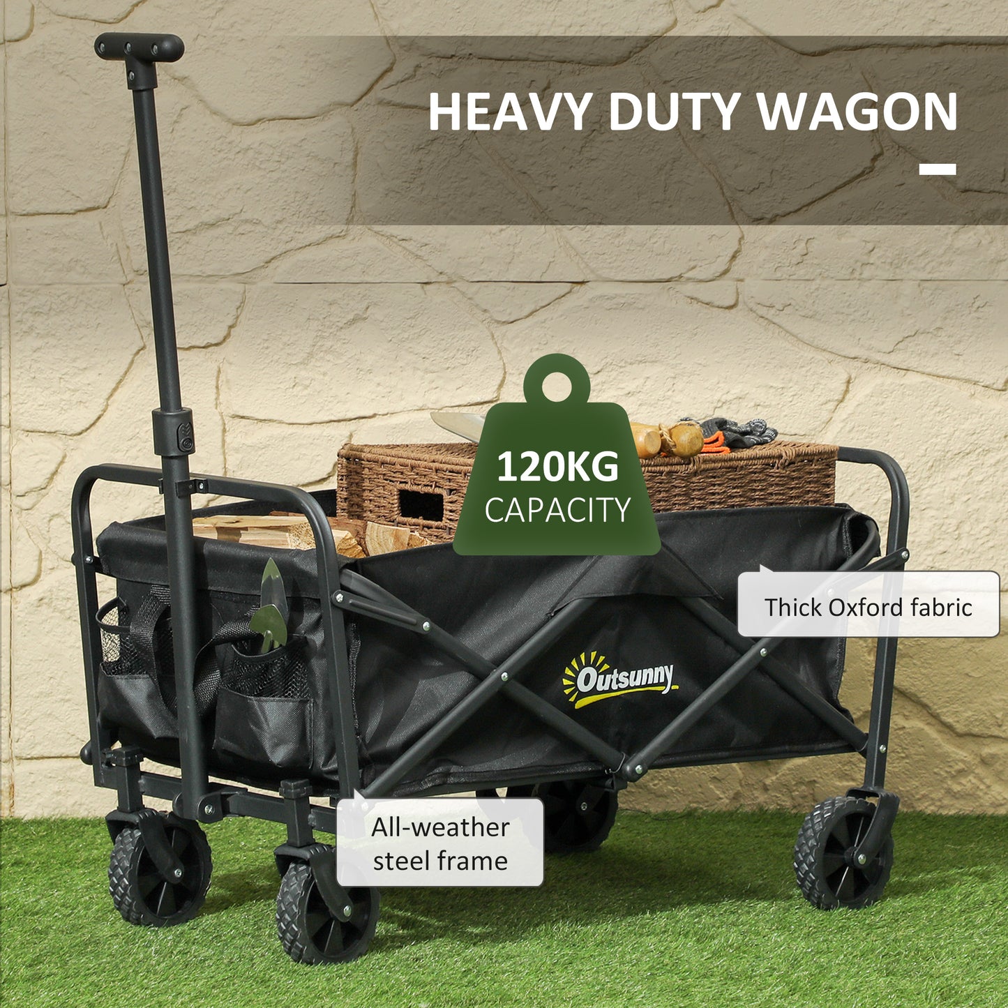 Outsunny 62L Festival Trolley, Folding Wagon with Adjustable Handle & Bag, 120kg Capacity, for Beach/Camping/Festival, Black