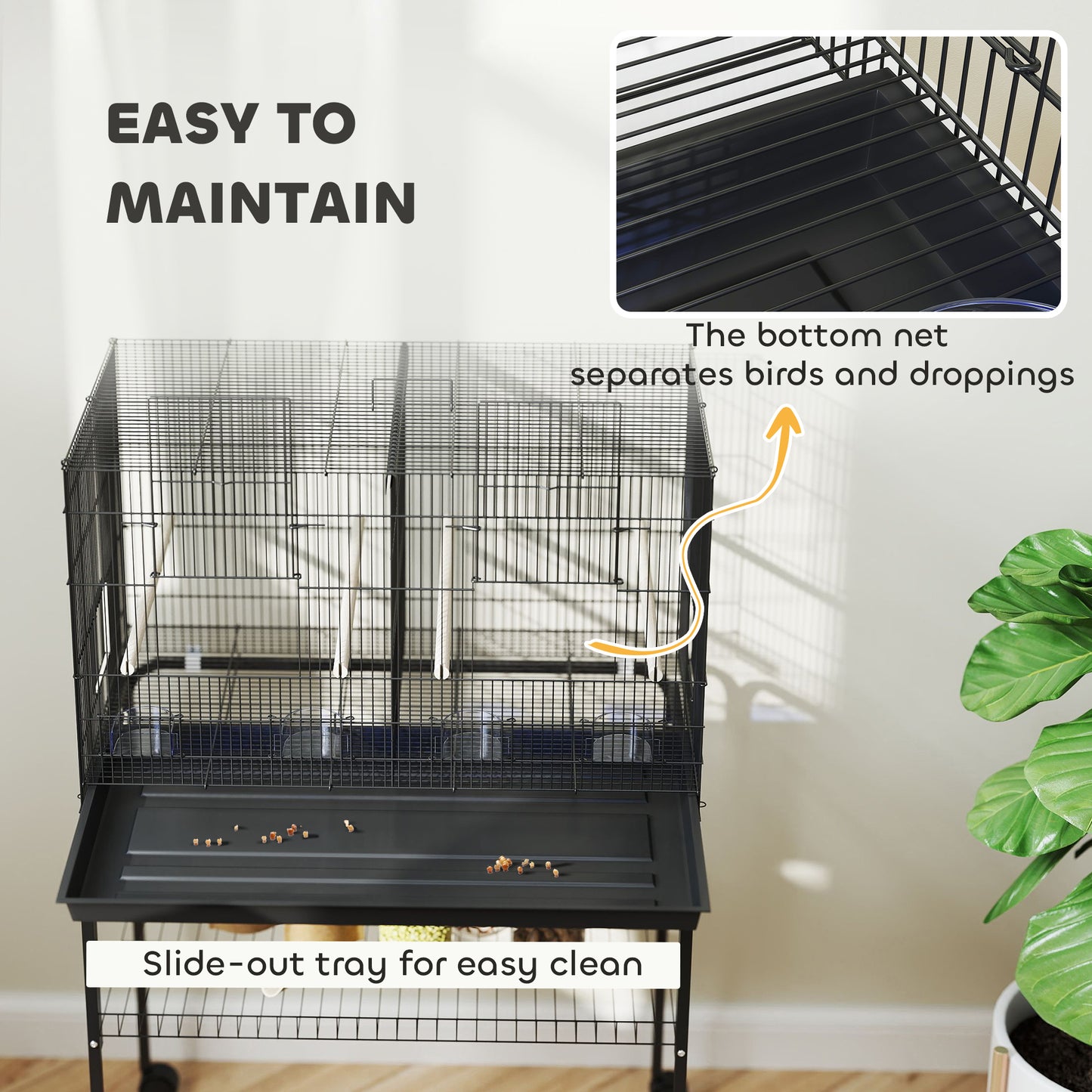PawHut Bird Cage with Divider, 4 Wooden Perches, Slide Out Tray, 4 Feeders, for Budgie, Lovebird, Canary, 76 x 46 x 116cm Black