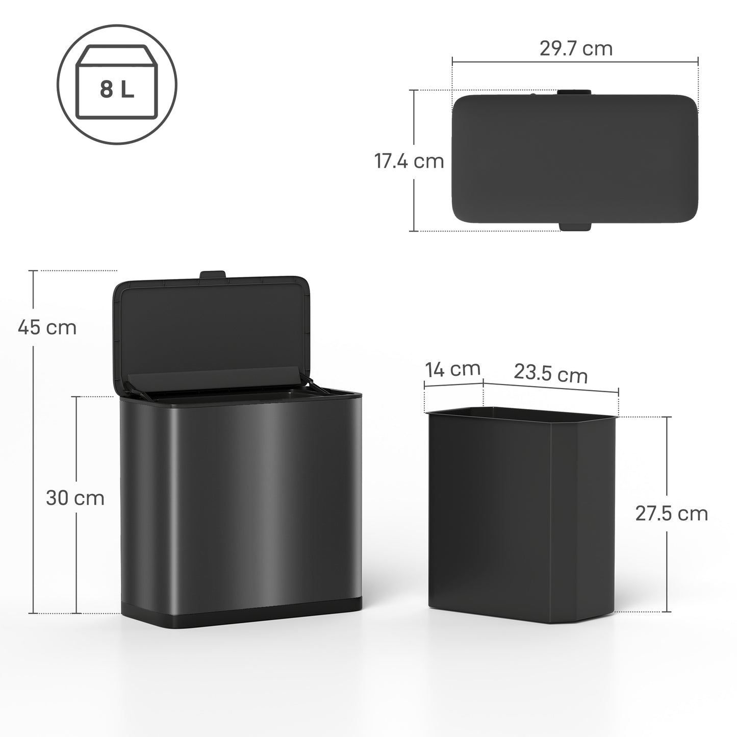 HOMCOM 8L Hanging Kitchen Bin, Rubbish bin with Lid and Removable Inner Bucket for Kitchen Cabinet Door, Under Sink, Black