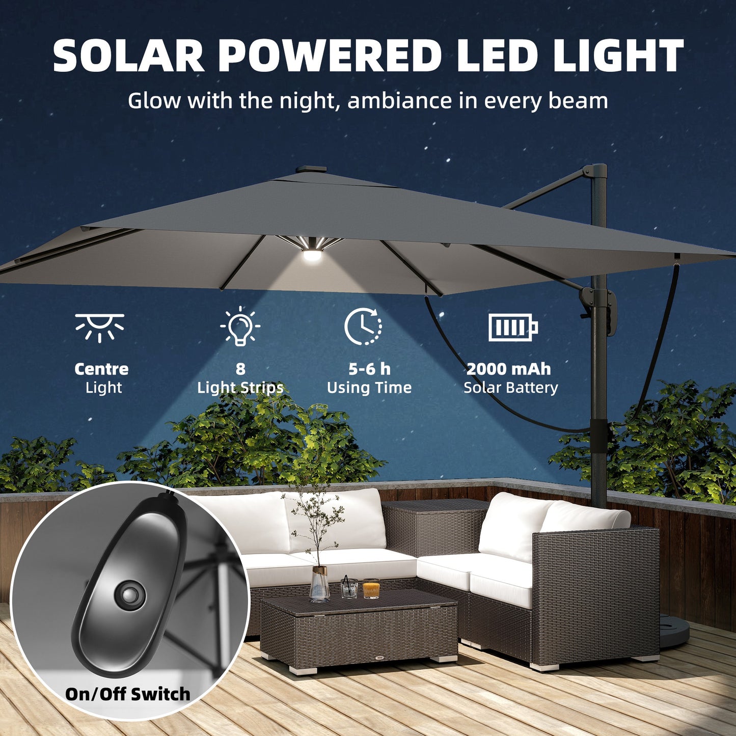 Outsunny 3 x 3 m Garden Cantilever Parasol with Light, Cover, Overhanging Umbrella w/ Wind Protection, 360° Rotation, Light Grey