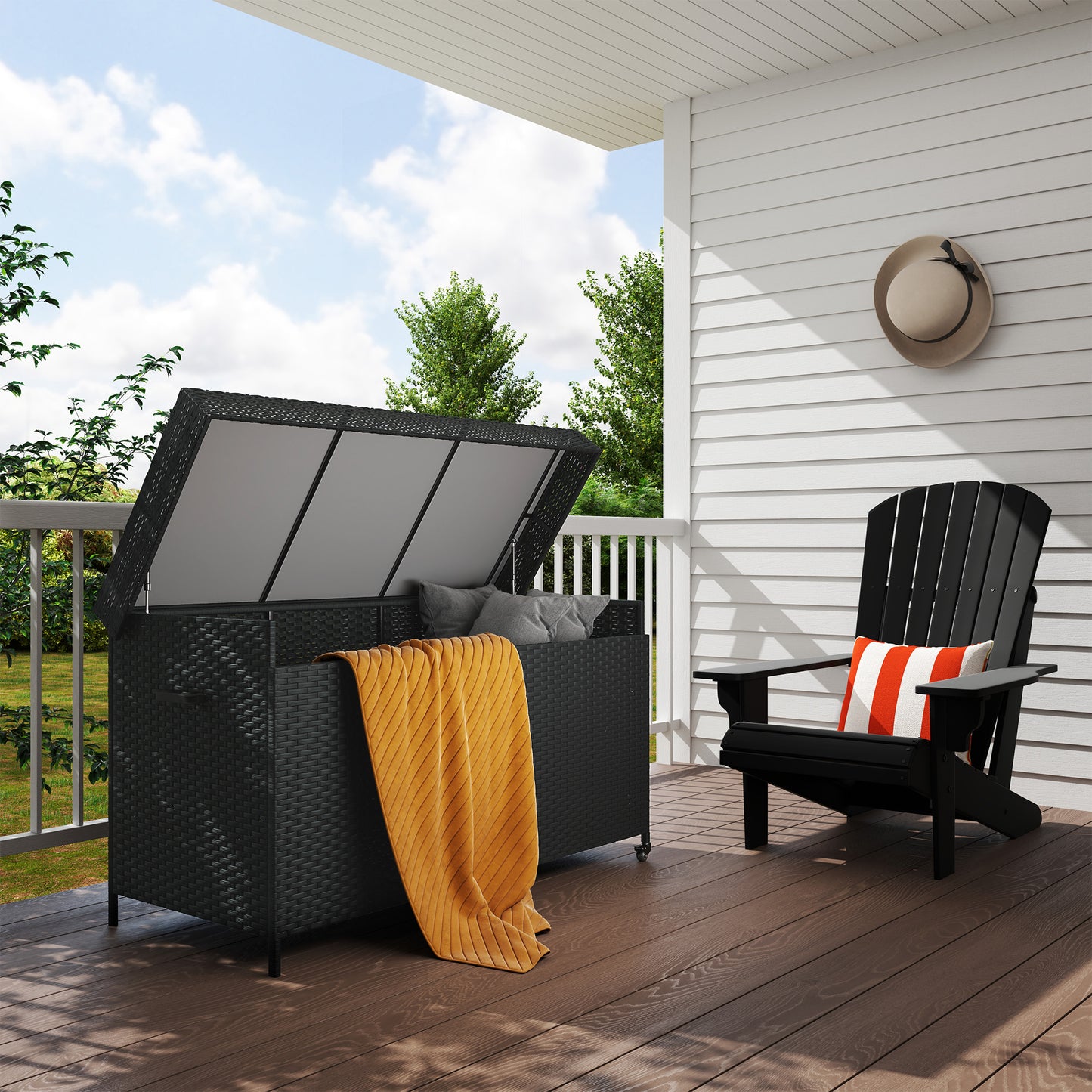 Outsunny 627 L Rattan Garden Storage Box, Outdoor Cushion Chest with Gas Lift Lid & Wheels, Black