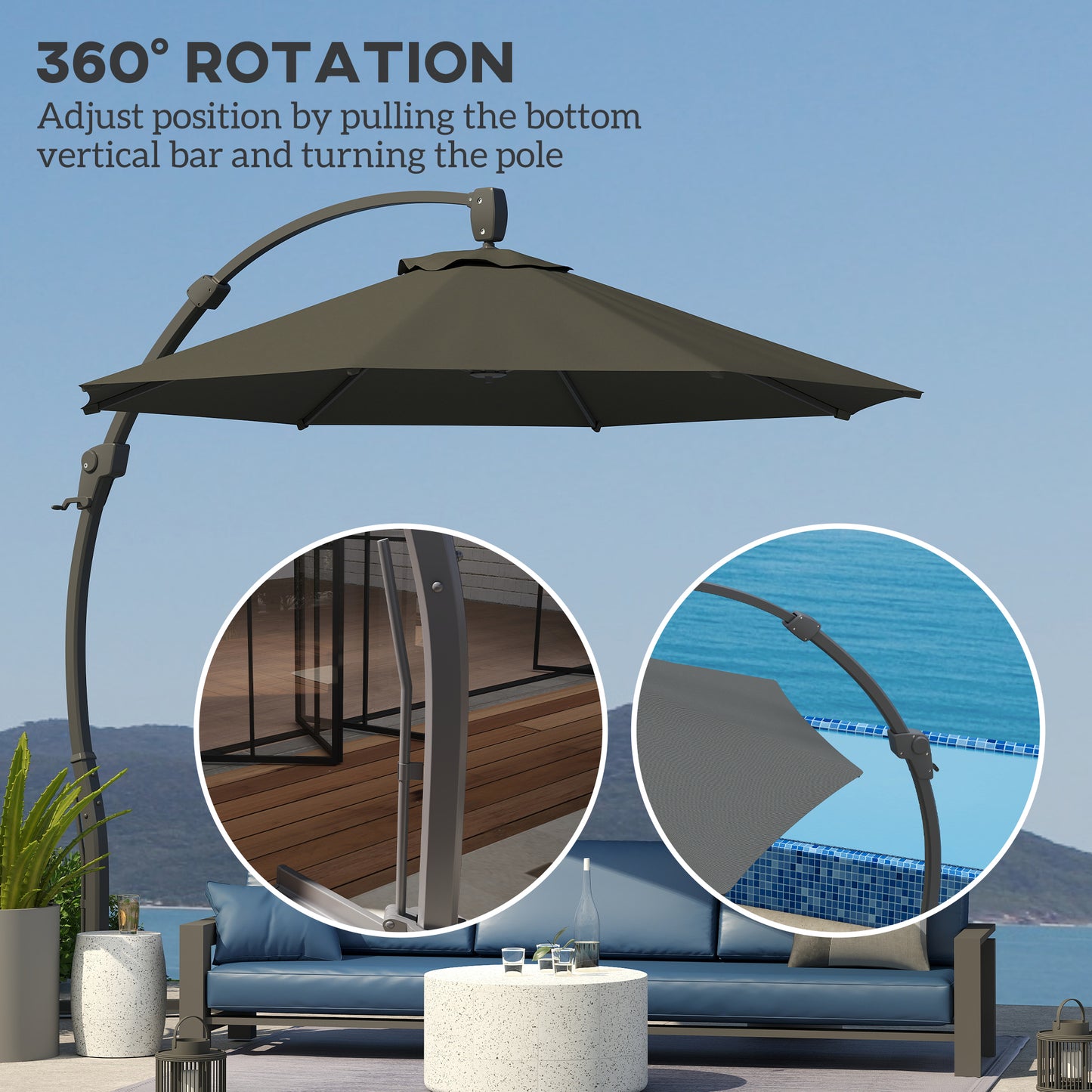 Outsunny Garden Cantilever Parasol, Round Umbrella with Crank, Cross Base, Aluminium Frame, 360° Rotation for Outdoor Sun Shade, Grey