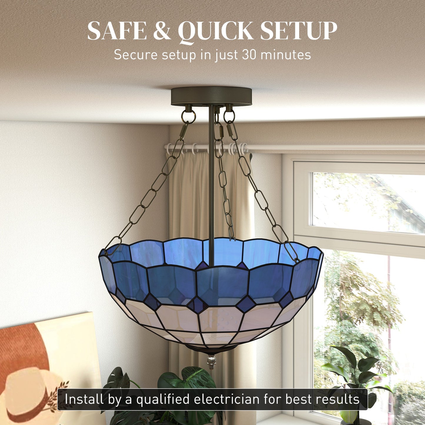 HOMCOM Tiffany Style Ceiling Light, Vintage Chandelier with 3 E27 Sockets, Semi Flush Mount for Living Room, Bulbs Not Included Blue