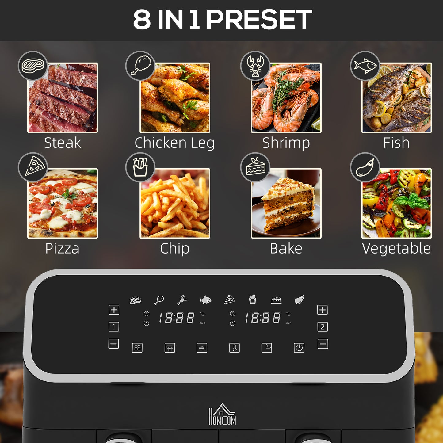 HOMCOM 8L Dual Basket Air Fryer, 80-200℃, with Sync Function - Black/Silver