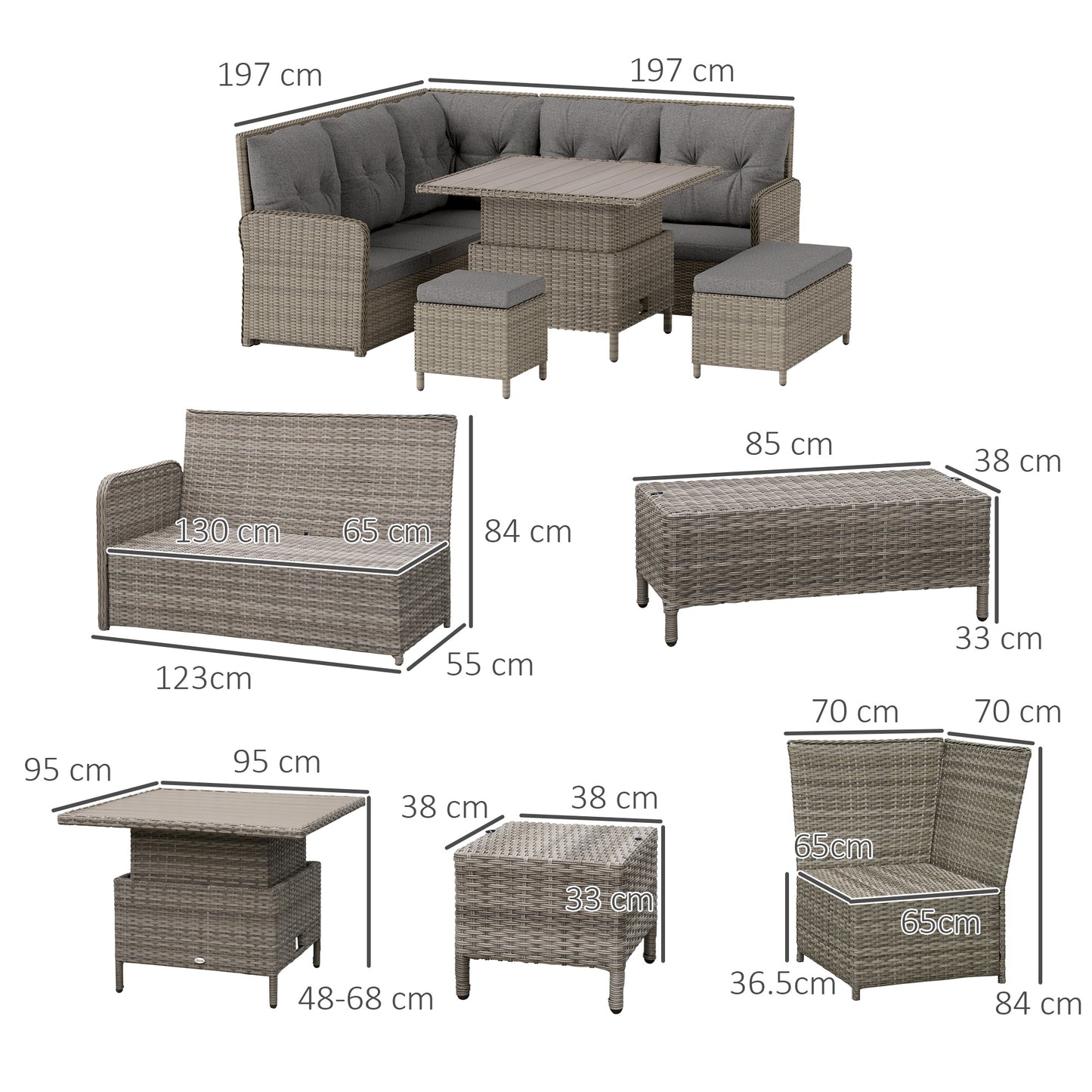 Outsunny 6-Piece Rattan Garden Furniture Set, Patio Corner Sofa w/ Cushions & Liftable Coffee Table, Grey