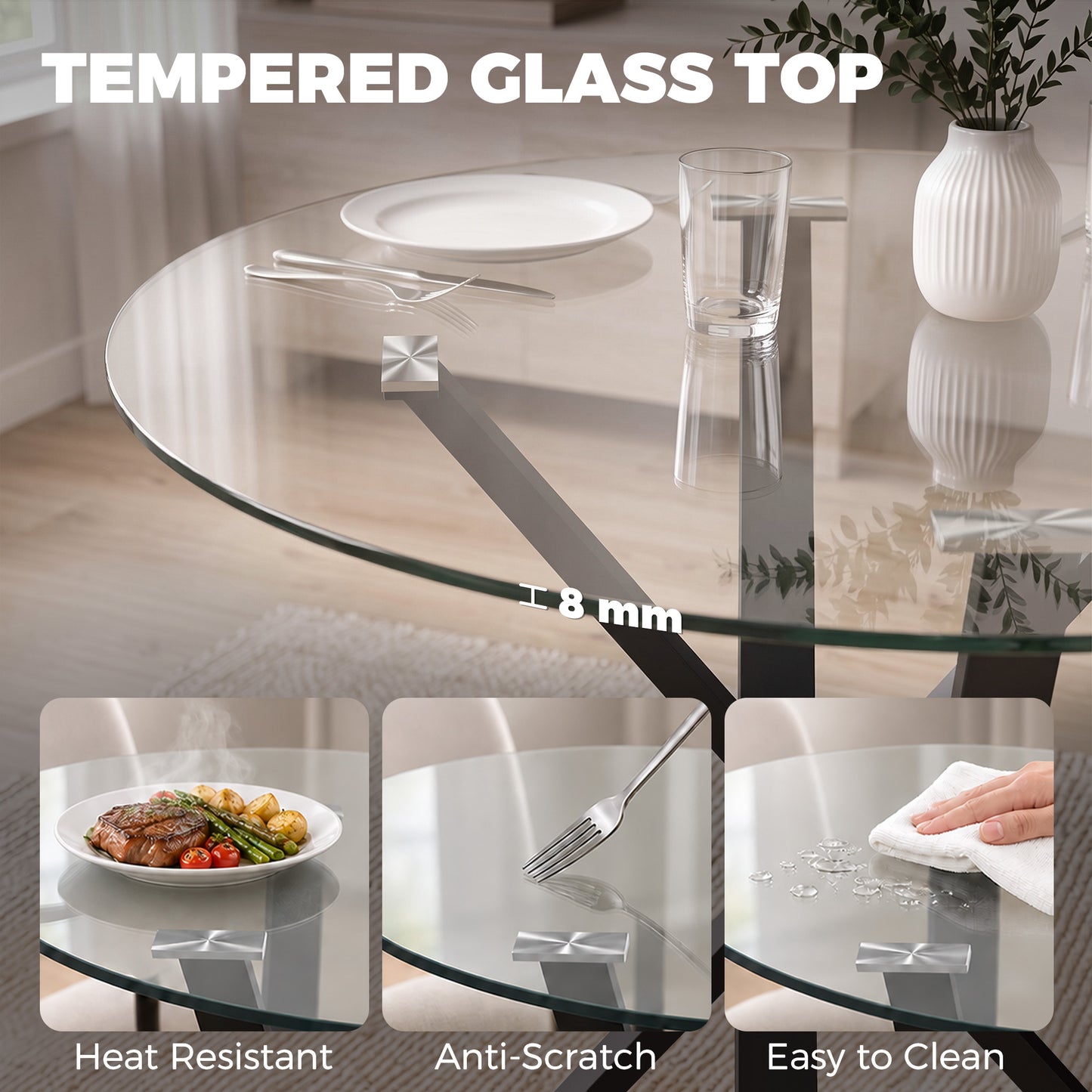 HOMCOM Round Dining Table for 4, 80cm Modern Kitchen Table with Tempered Glass Top and Cross Steel Legs, Clear
