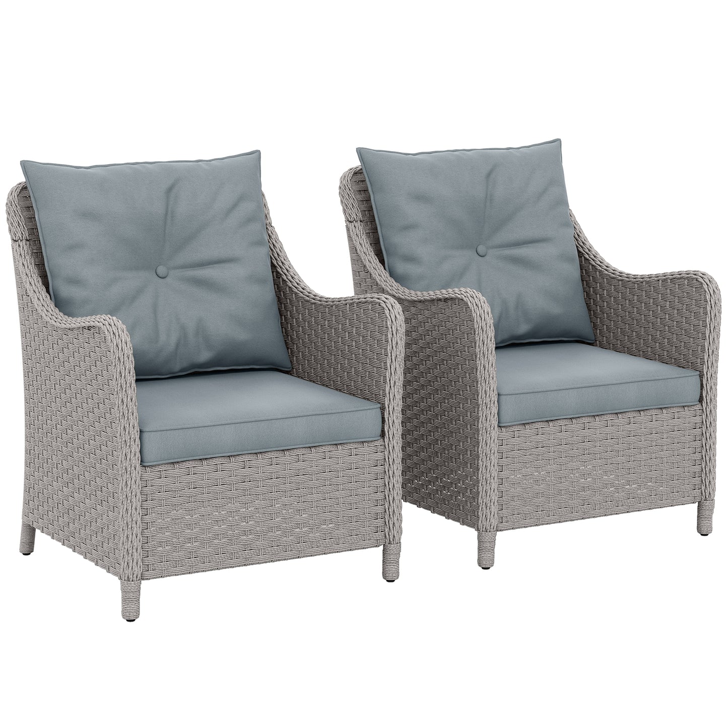 Outsunny Rattan Garden Chairs Set of 2, Outdoor Chairs with Cushions, Armrests, High Back, Steel Frame for Balcony, Porch, Light Grey