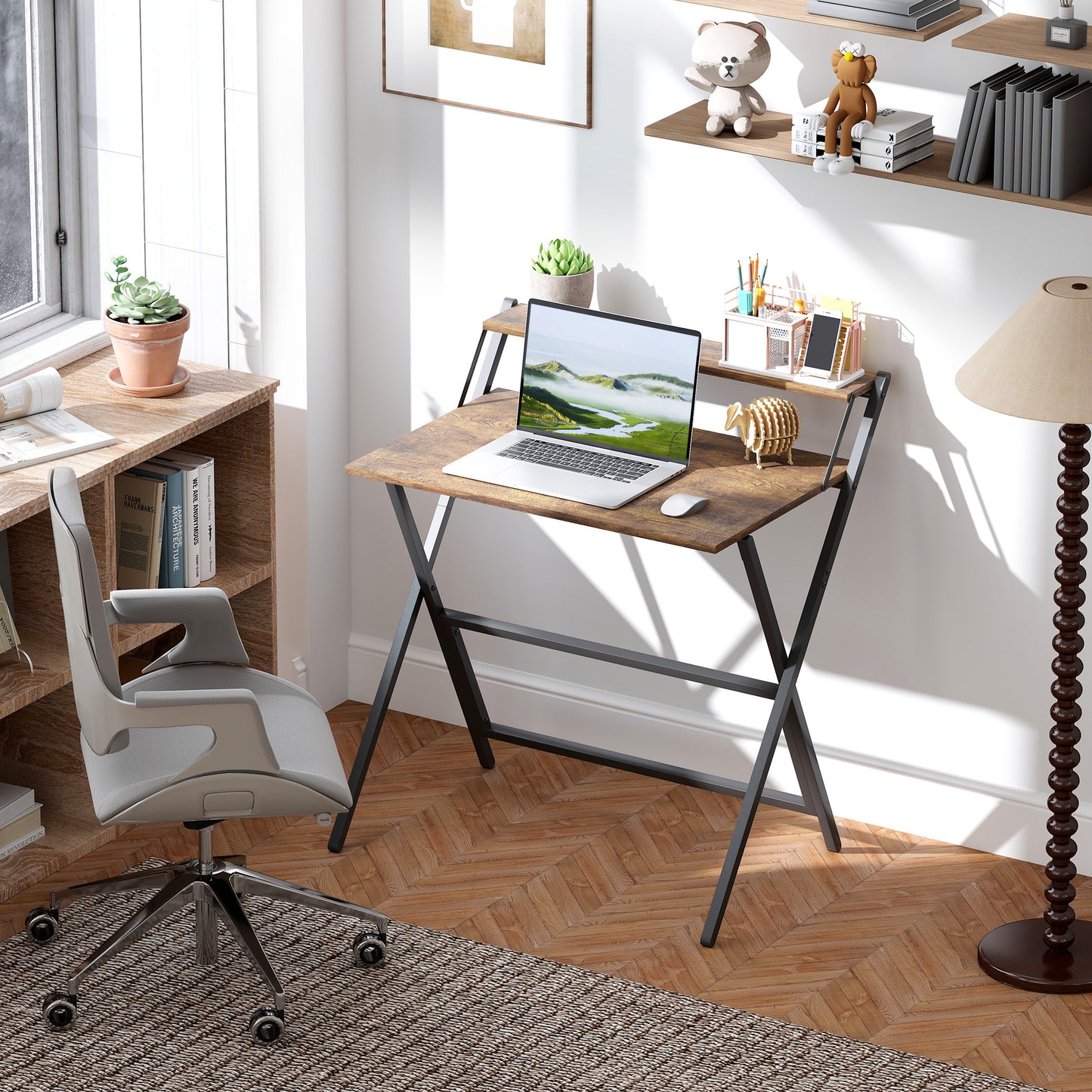 HOMCOM 81.5 cm Folding Computer Desk with Monitor Shelf - Rustic Brown