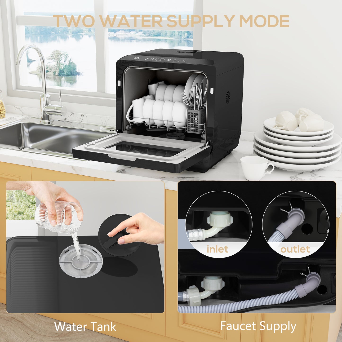 HOMCOM Table Top Dishwasher with Built-in 6L Water Tank, Mini Countertop Dishwasher with 6 Programs, 4 Place Settings, Black