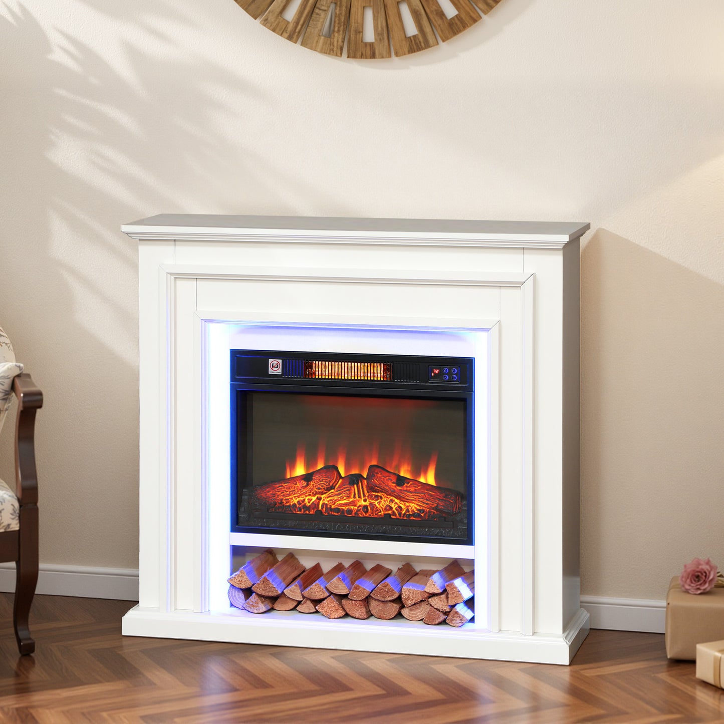 HOMCOM Electric Fireplace, RGB LED, Real Flame, 3 Brightness, 1800W, 30m² Coverage, Remote & Timer, Inset Fire & Mantel for Living Room, White