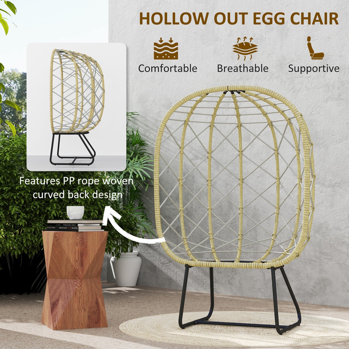 Outsunny Rattan Egg Chair for Outdoor/Indoor Use, with Cushion, Headrest, Cup Holder, Metal Frame, Grey