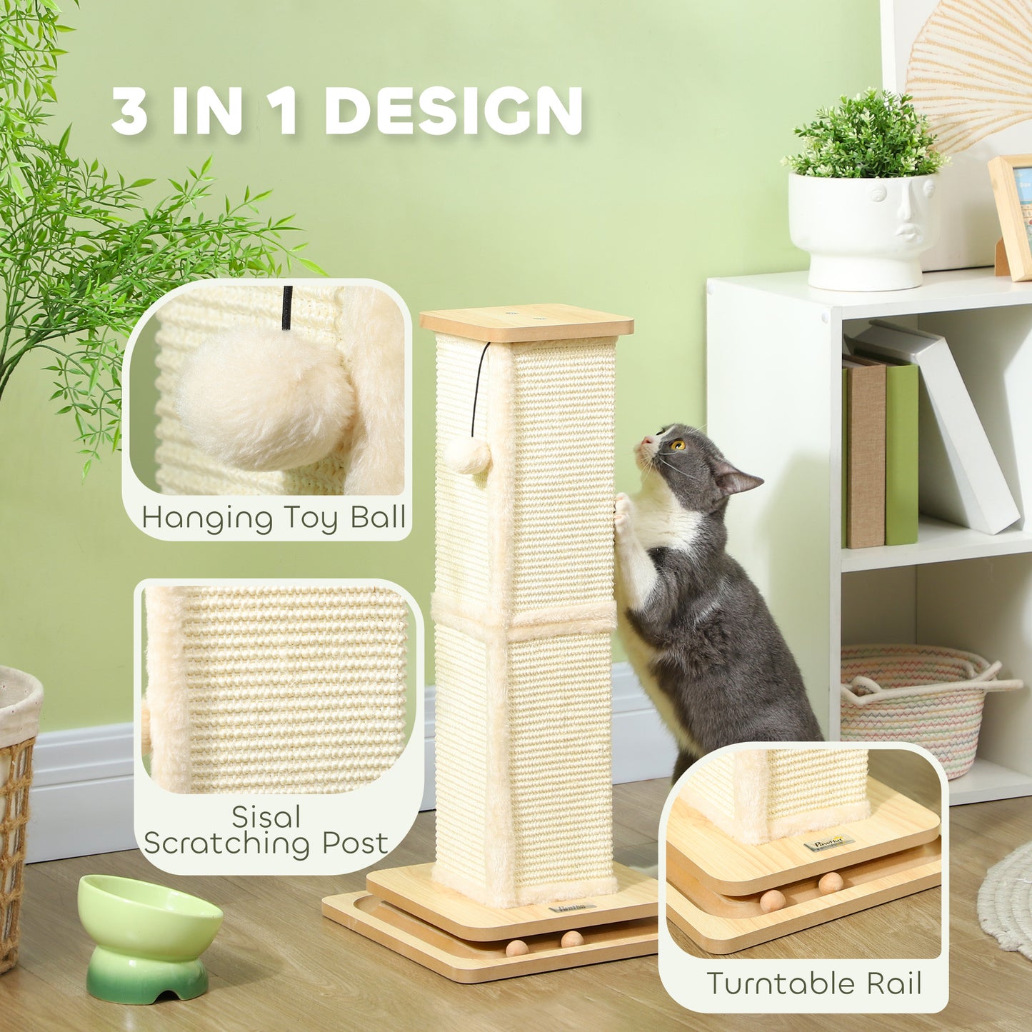 PawHut 3 in 1 Cat Scratching Post, 67cm Cat Scratcher w/ Track Ball Toy, Oak