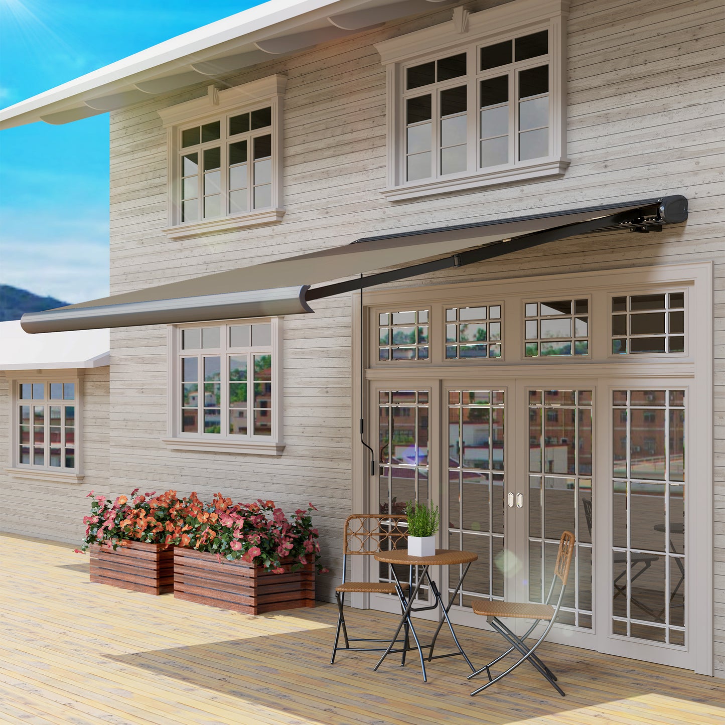 Outsunny 3x2.5m Electric Awning with Remote, Aluminium Frame, UV50+ Sun Shade for Garden Patio, Light Grey